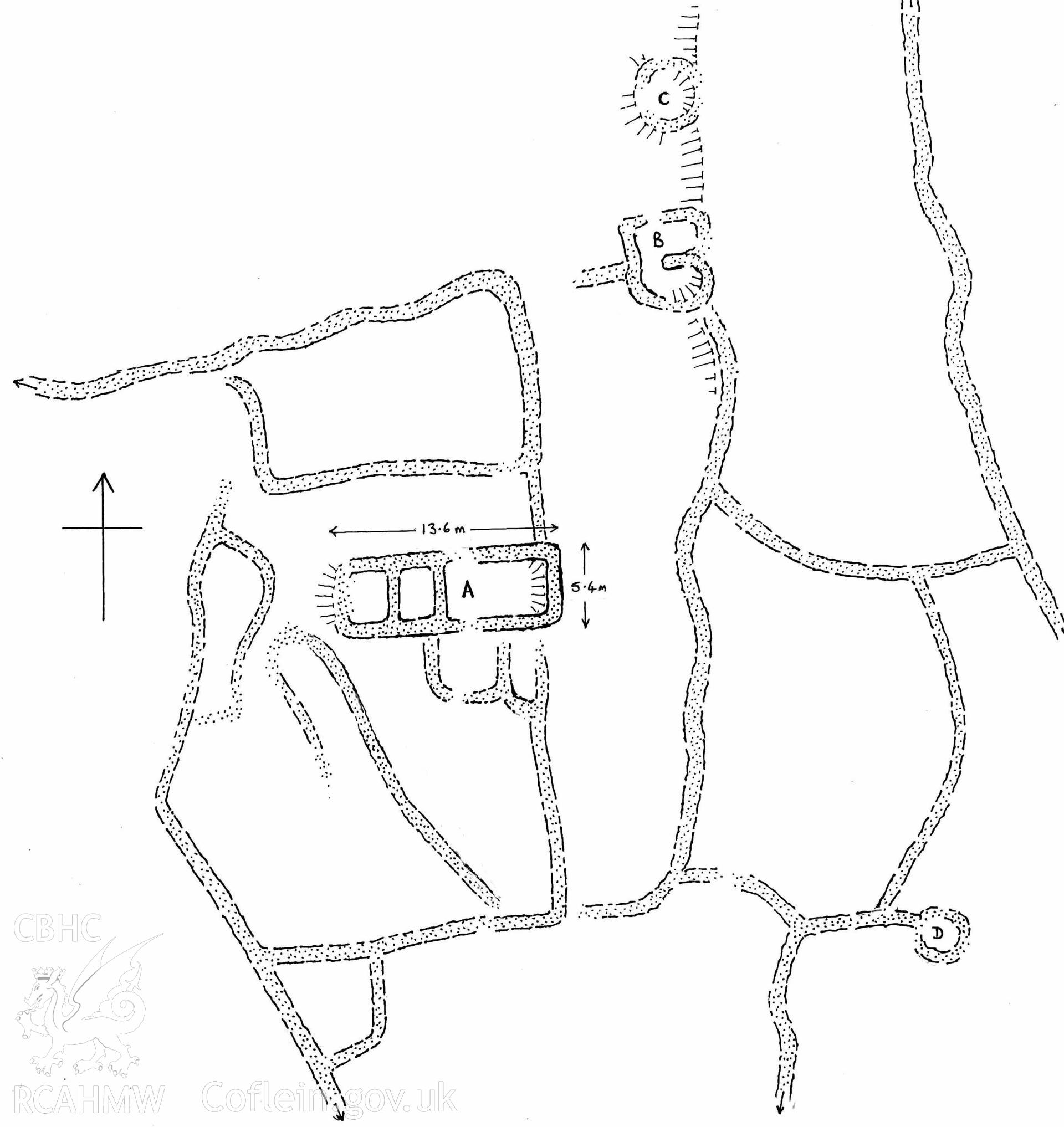 Digital sketch plan of Mynydd Egryn longhouse, produced by Paul Davis in 2023