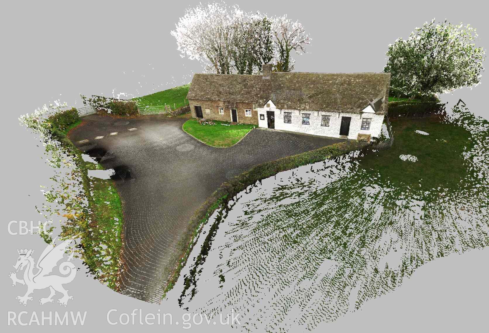 Elevated view of the front exterior of Maesyronnen Chapel and chapel house (taken from laser scan survey point cloud). Produced as part of a Terrestrial Laser Scanning Survey of Maes-yr-Onnen Congregational Chapel, carried out by Dr Jayne Kamintzis, 19-20 October 2022.