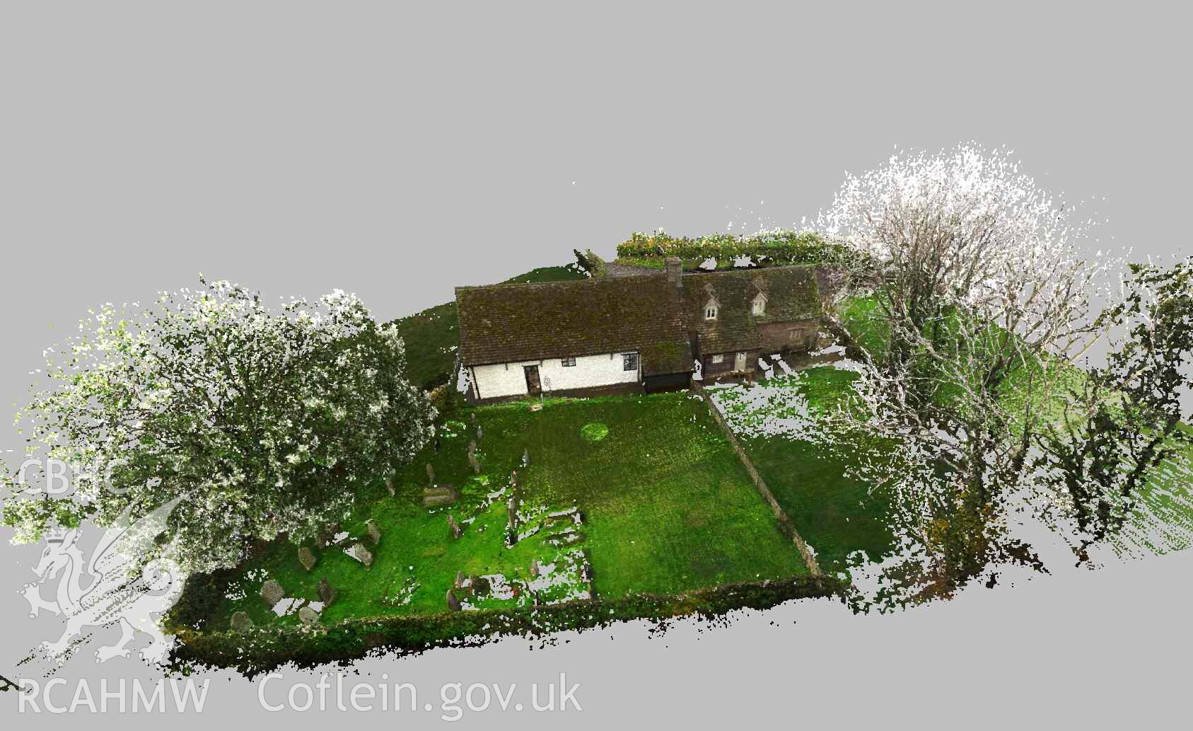 Exterior view of the rear of Maesyronnen Chapel and chapel house (taken from laser scan survey point cloud). Produced as part of a Terrestrial Laser Scanning Survey of Maes-yr-Onnen Congregational Chapel, carried out by Dr Jayne Kamintzis, 19-20 October 2022.