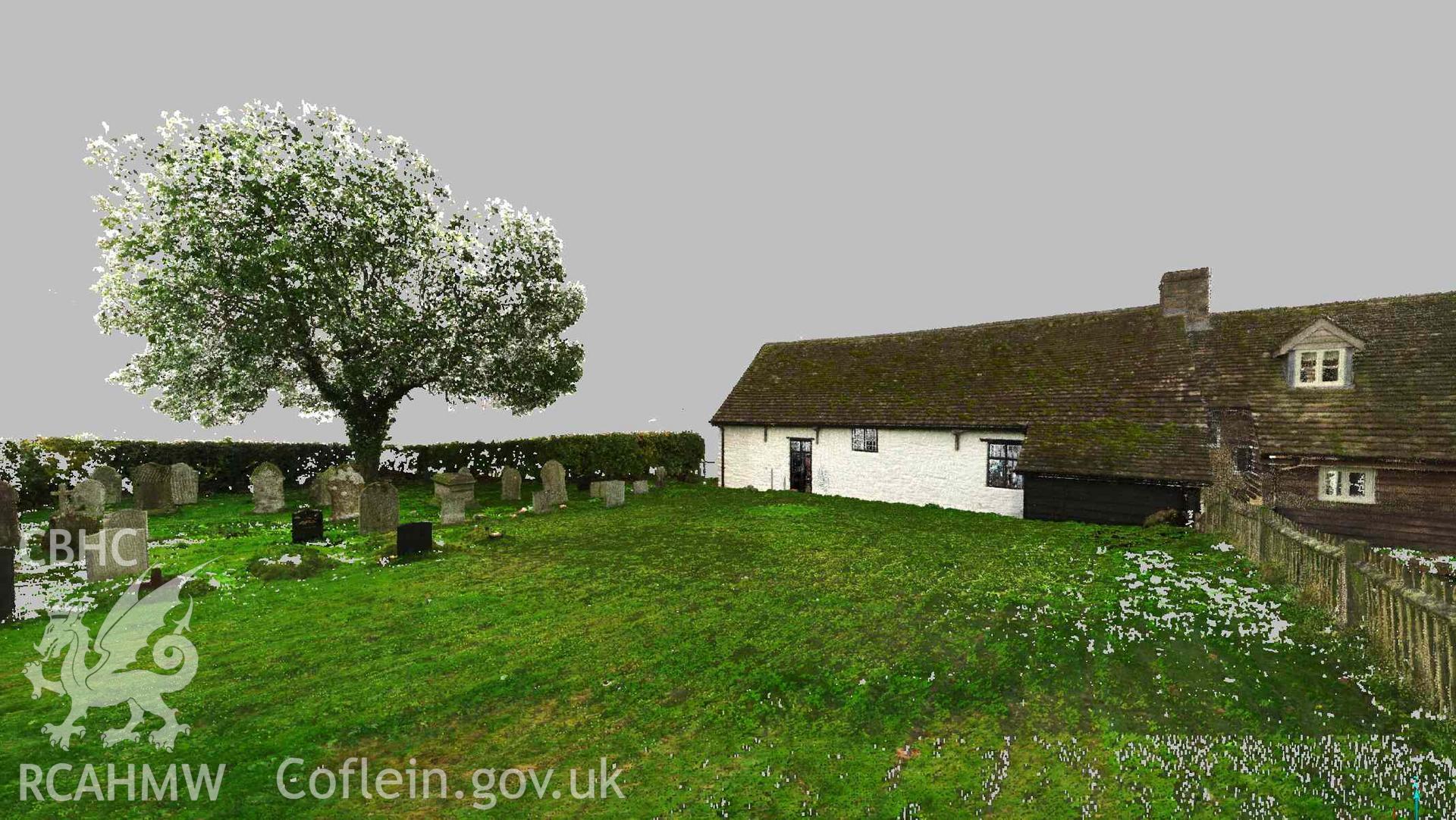 Exterior view of the rear of Maesyronnen Chapel (taken from laser scan survey point cloud). Produced as part of a Terrestrial Laser Scanning Survey of Maes-yr-Onnen Congregational Chapel, carried out by Dr Jayne Kamintzis, 19-20 October 2022.