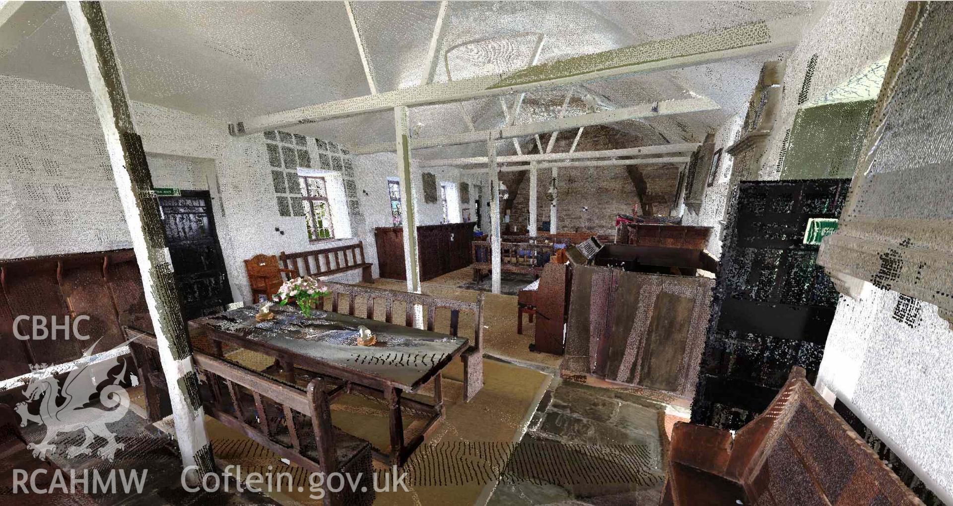 View of Maesyronnen Chapel interior from the north eastern building corner. Produced as part of a Terrestrial Laser Scanning Survey  of Maes-yr-Onnen Congregational Chapel, carried out by Dr Jayne Kamintzis, 19-20 October 2022.