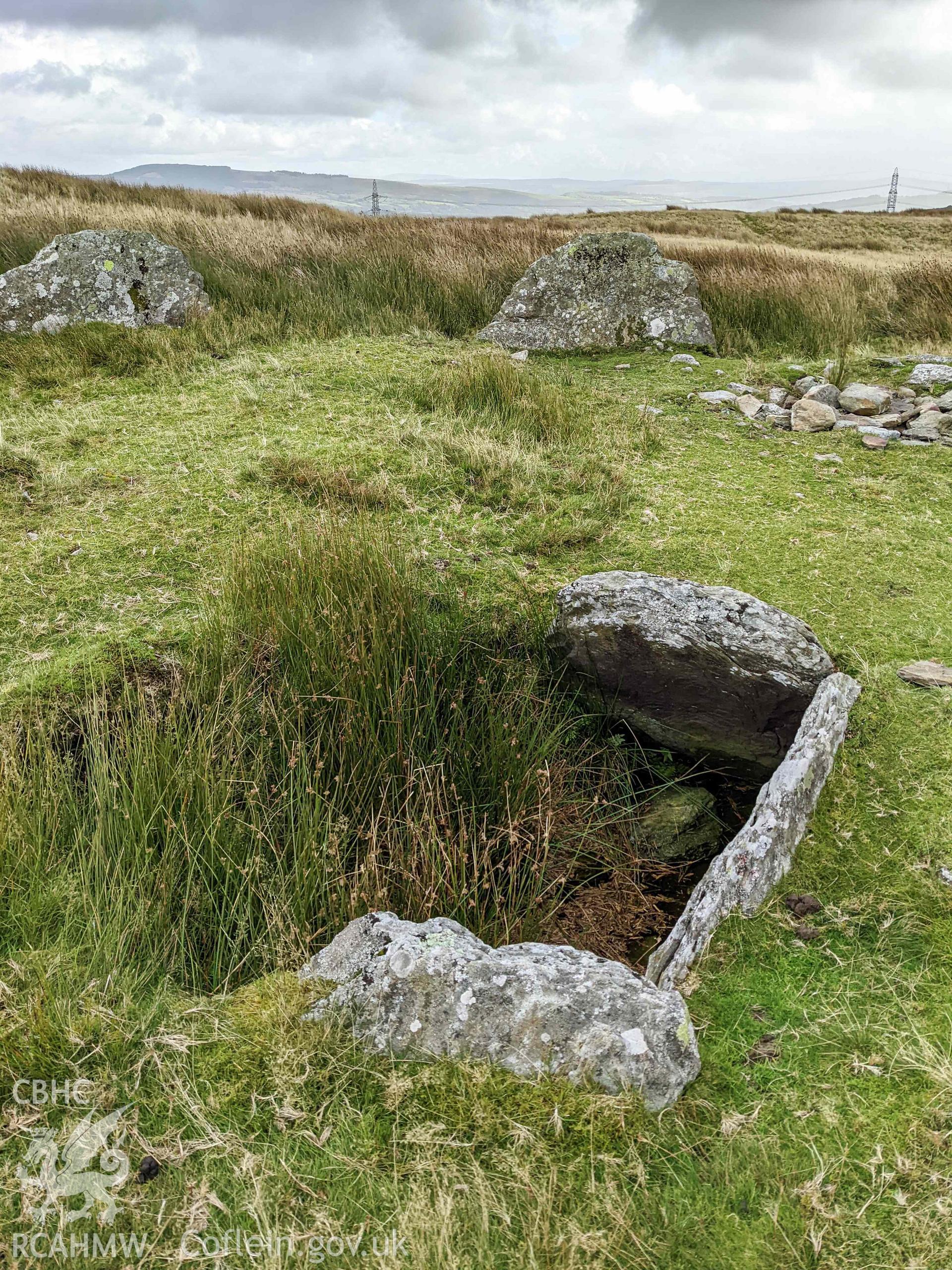 Carn Llechart cist. Part of a photographic survey of Carn Llechart, Pontardawe, conducted by Meilyr Powel of RCAHMW on 1st October 2022.