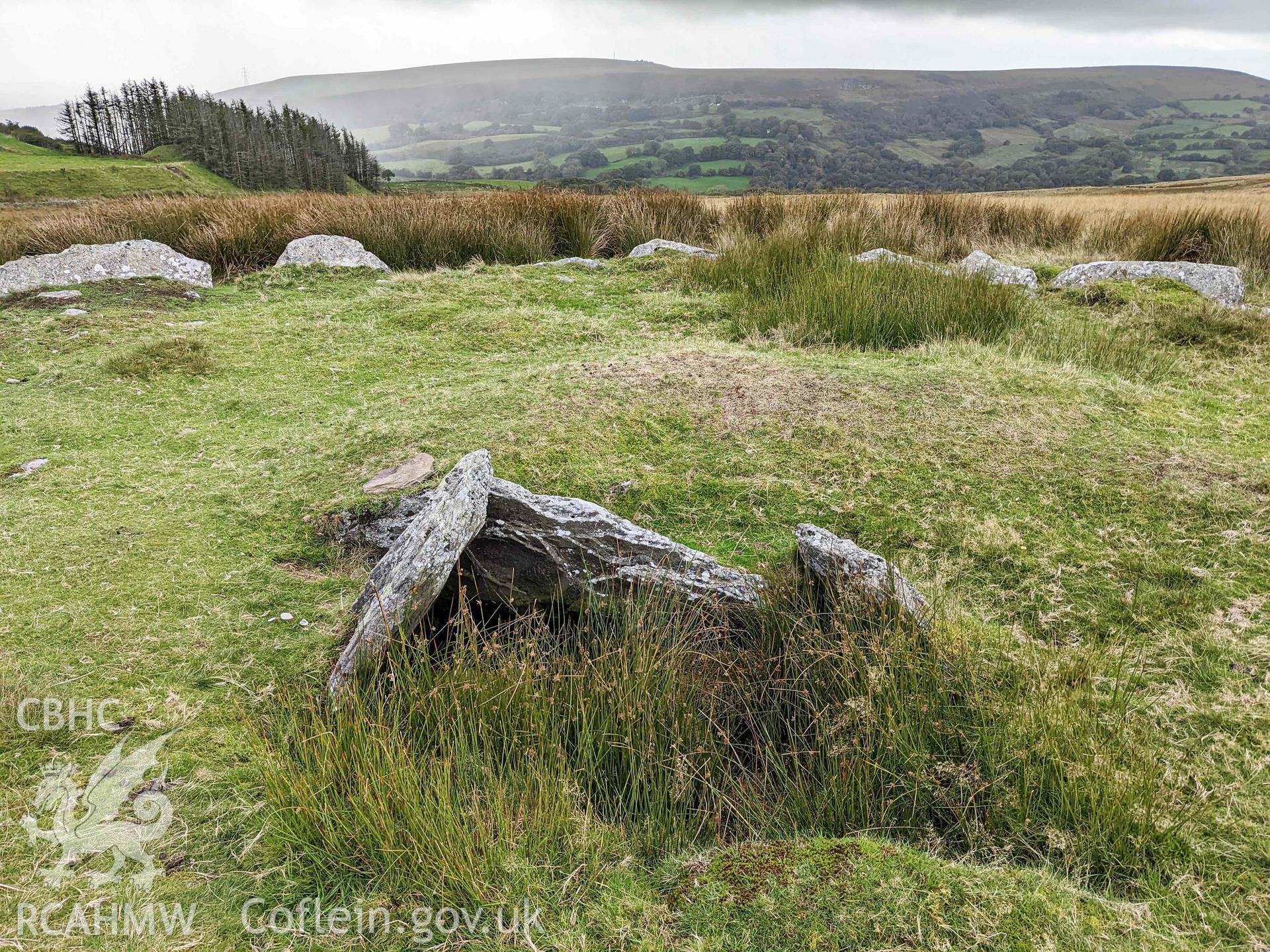 Carn Llechart ring cairn. Part of a photographic survey of Carn Llechart, Pontardawe, conducted by Meilyr Powel of RCAHMW on 1st October 2022.