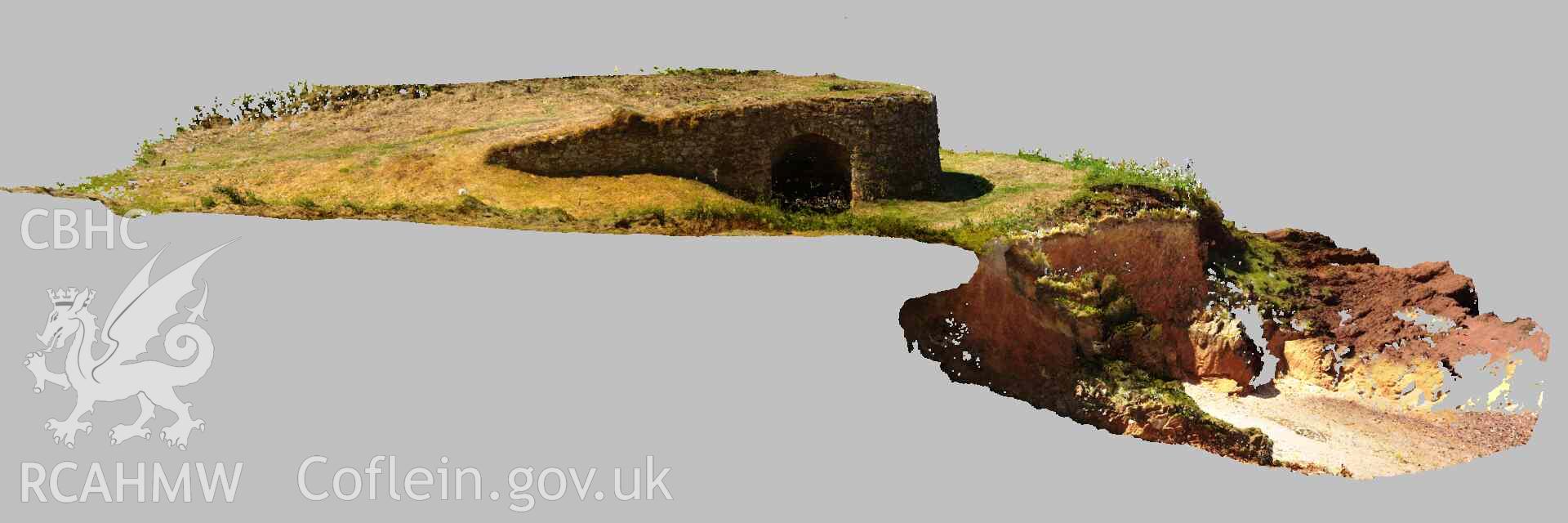 Side view of St Brides lime kiln looking south west, showing undercutting of the cliff face (image taken from laser scan point cloud).. Part of the archival records pertaining to a laser scan survey of St Bride's Haven Limekiln, conducted by Jayne Kamintzis as part of the Cherish project on 30 June 2022