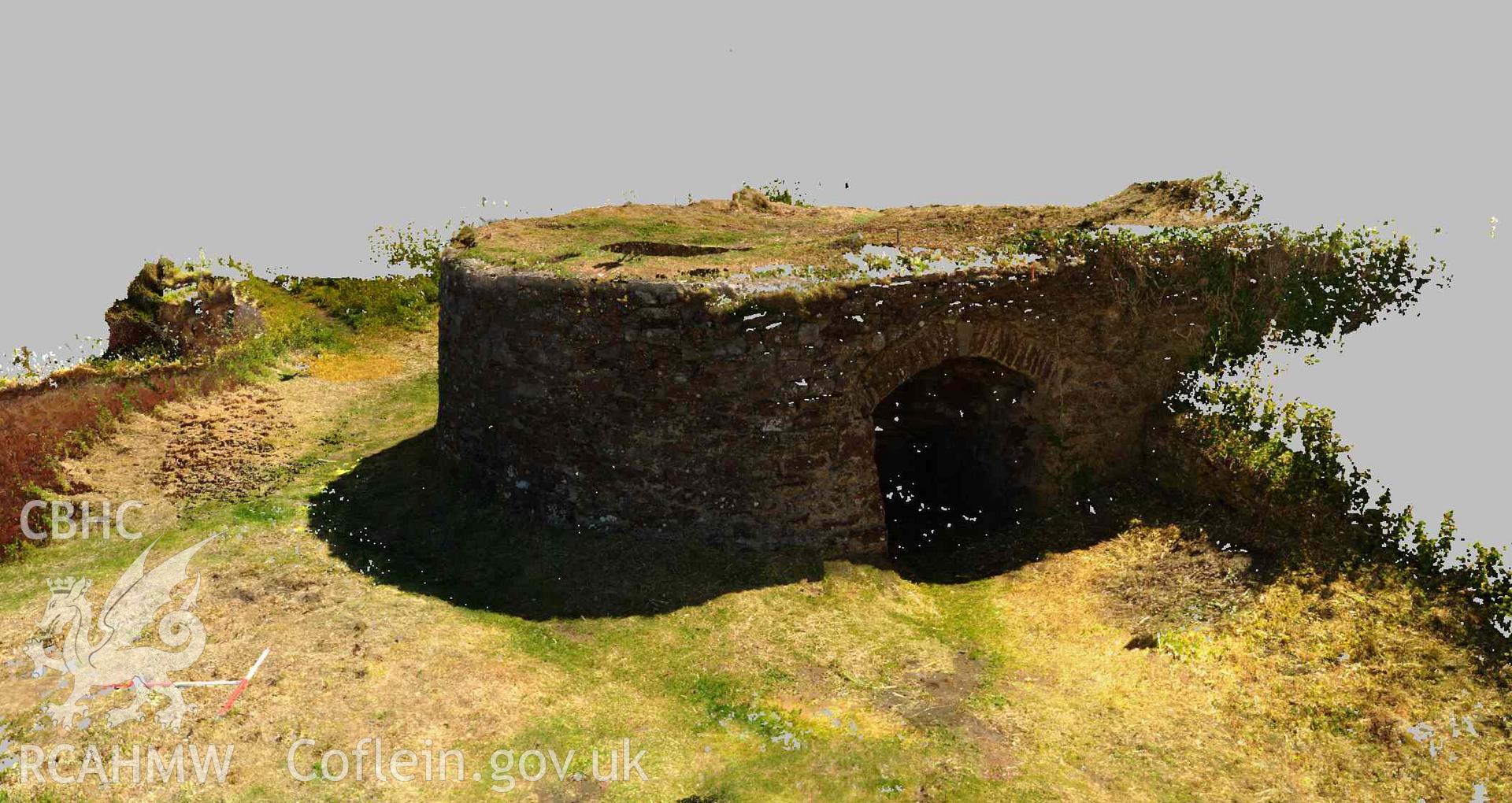 Close up view of St Brides lime kiln (taken from laser scan point cloud). One metre scale bars can be seen to the left of the foreground. Part of the archival records pertaining to a laser scan survey of St Bride's Haven Limekiln, conducted by Jayne Kamintzis as part of the Cherish project on 30 June 2022