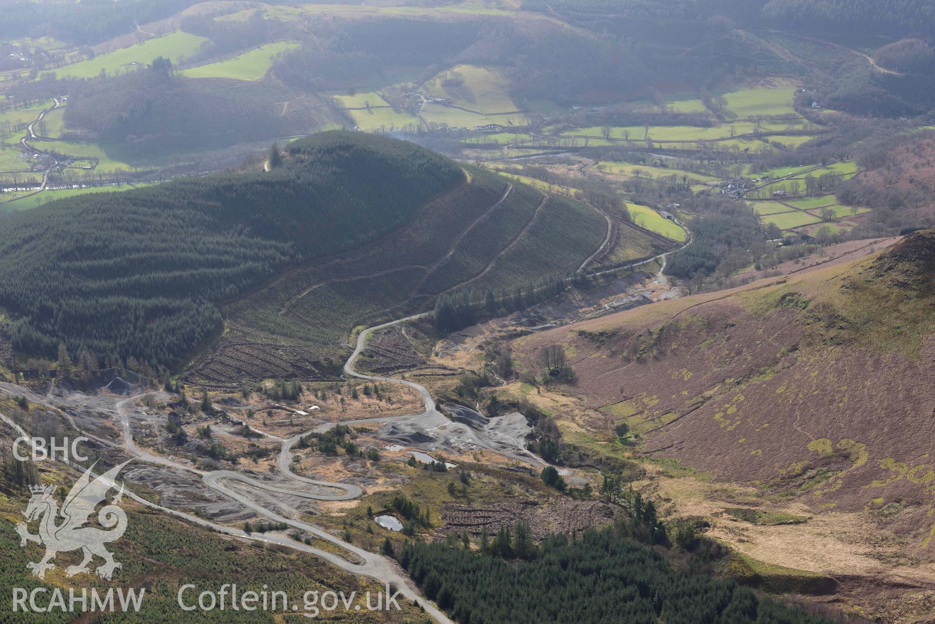 Nantymwyn Lead Mine, Rhandirmwyn. Oblique aerial photograph taken during the Royal Commission’s programme of archaeological aerial reconnaissance by Toby Driver on 14 March 2022.