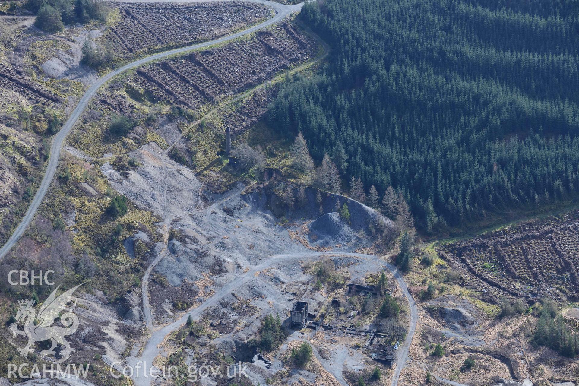 Nantymwyn Lead Mine, Rhandirmwyn. Oblique aerial photograph taken during the Royal Commission’s programme of archaeological aerial reconnaissance by Toby Driver on 14 March 2022.