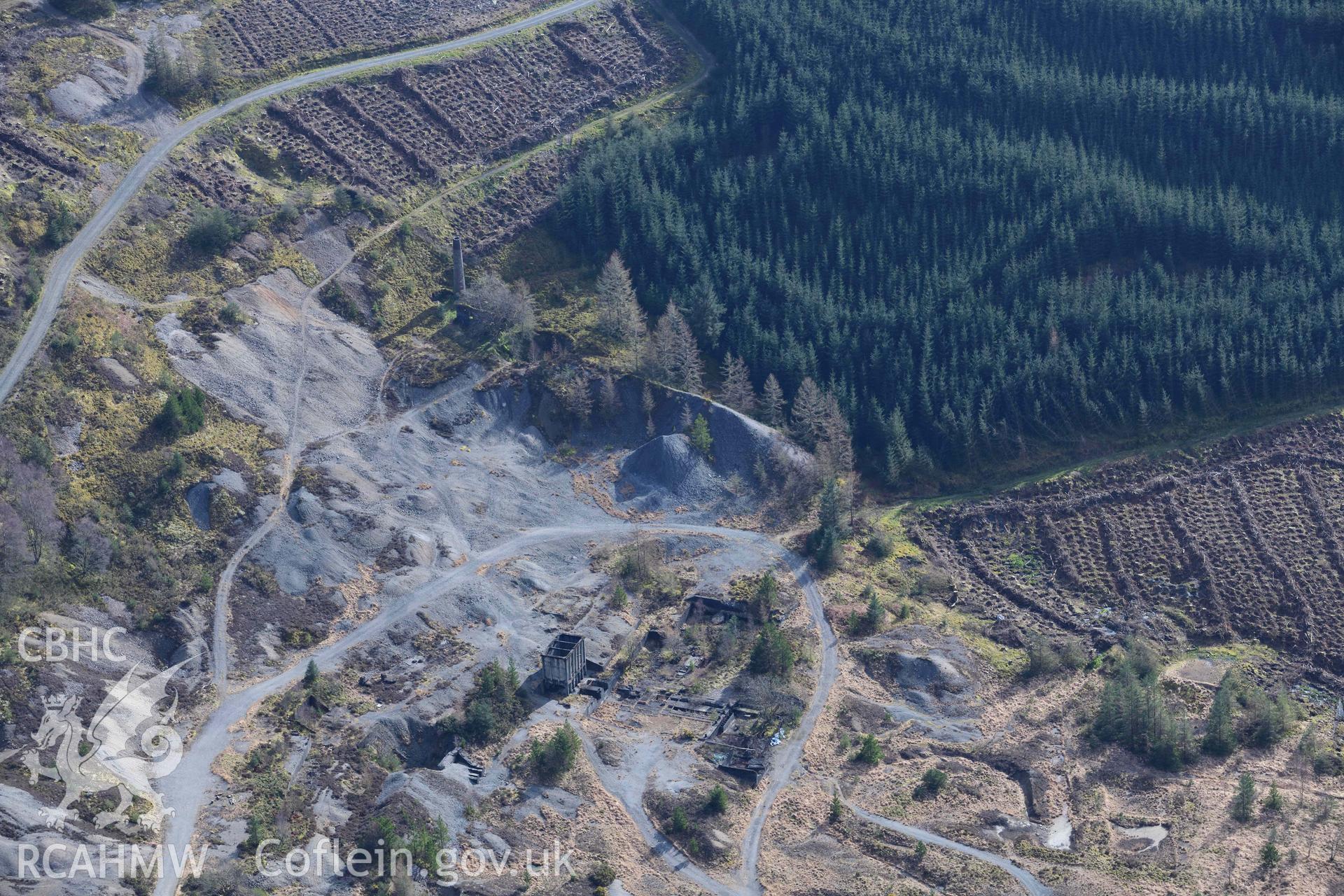 Nantymwyn Lead Mine, Rhandirmwyn. Oblique aerial photograph taken during the Royal Commission’s programme of archaeological aerial reconnaissance by Toby Driver on 14 March 2022.