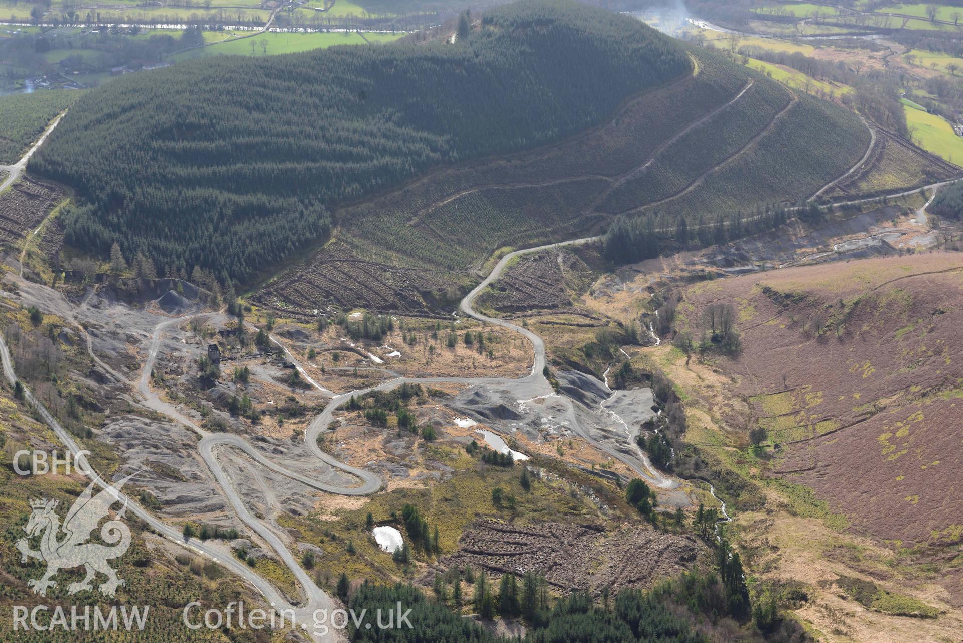 Nantymwyn Lead Mine, Rhandirmwyn. Oblique aerial photograph taken during the Royal Commission’s programme of archaeological aerial reconnaissance by Toby Driver on 14 March 2022.