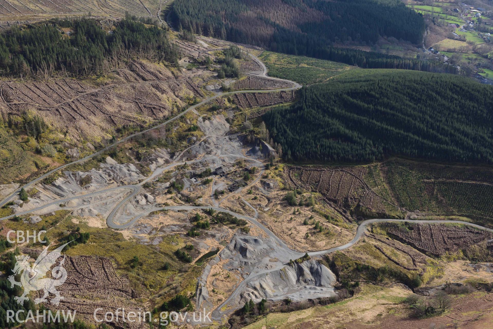 Nantymwyn Lead Mine, Rhandirmwyn. Oblique aerial photograph taken during the Royal Commission’s programme of archaeological aerial reconnaissance by Toby Driver on 14 March 2022.