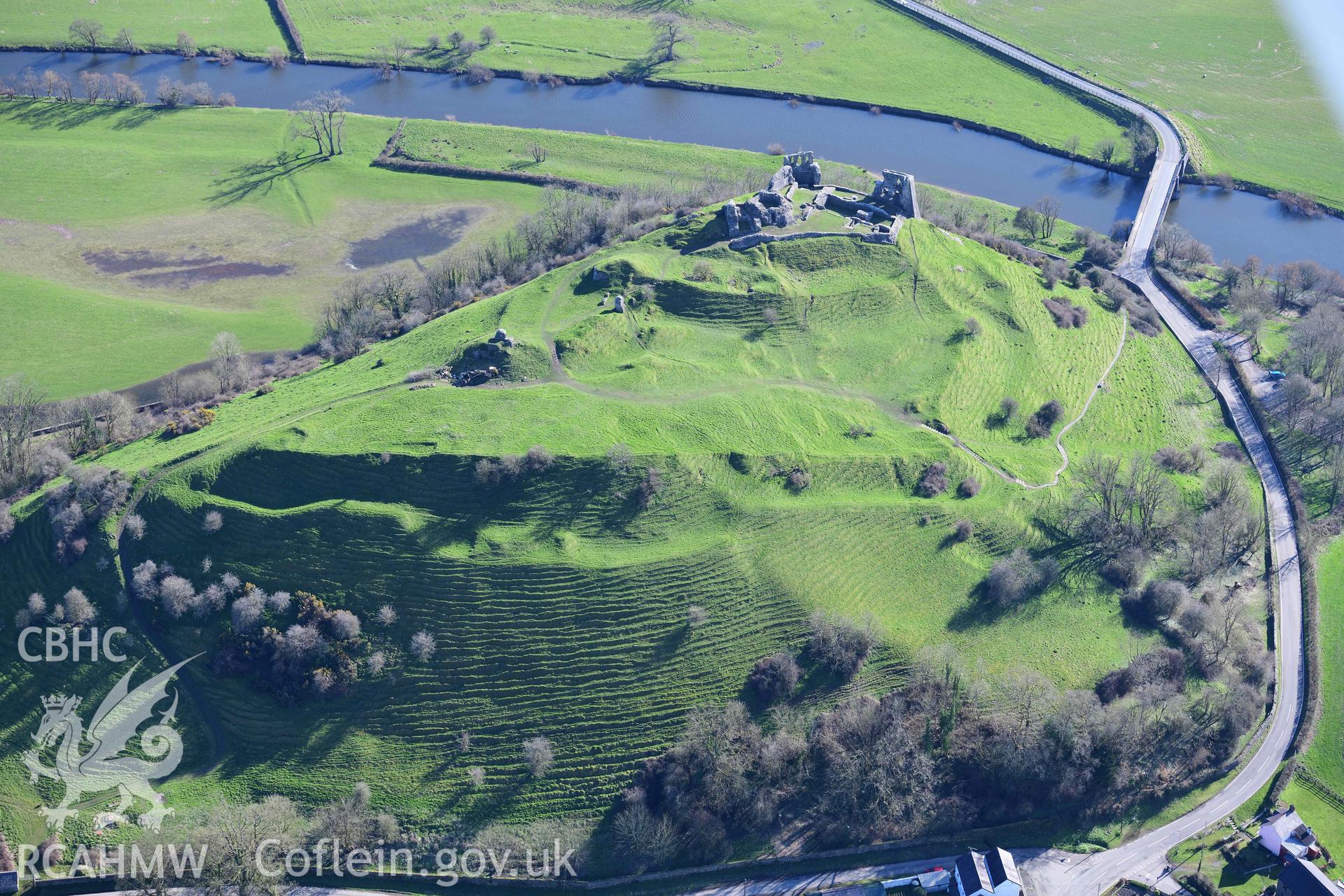 Dryslwyn Castle. Oblique aerial photograph taken during the Royal Commission’s programme of archaeological aerial reconnaissance by Toby Driver on 14 March 2022.