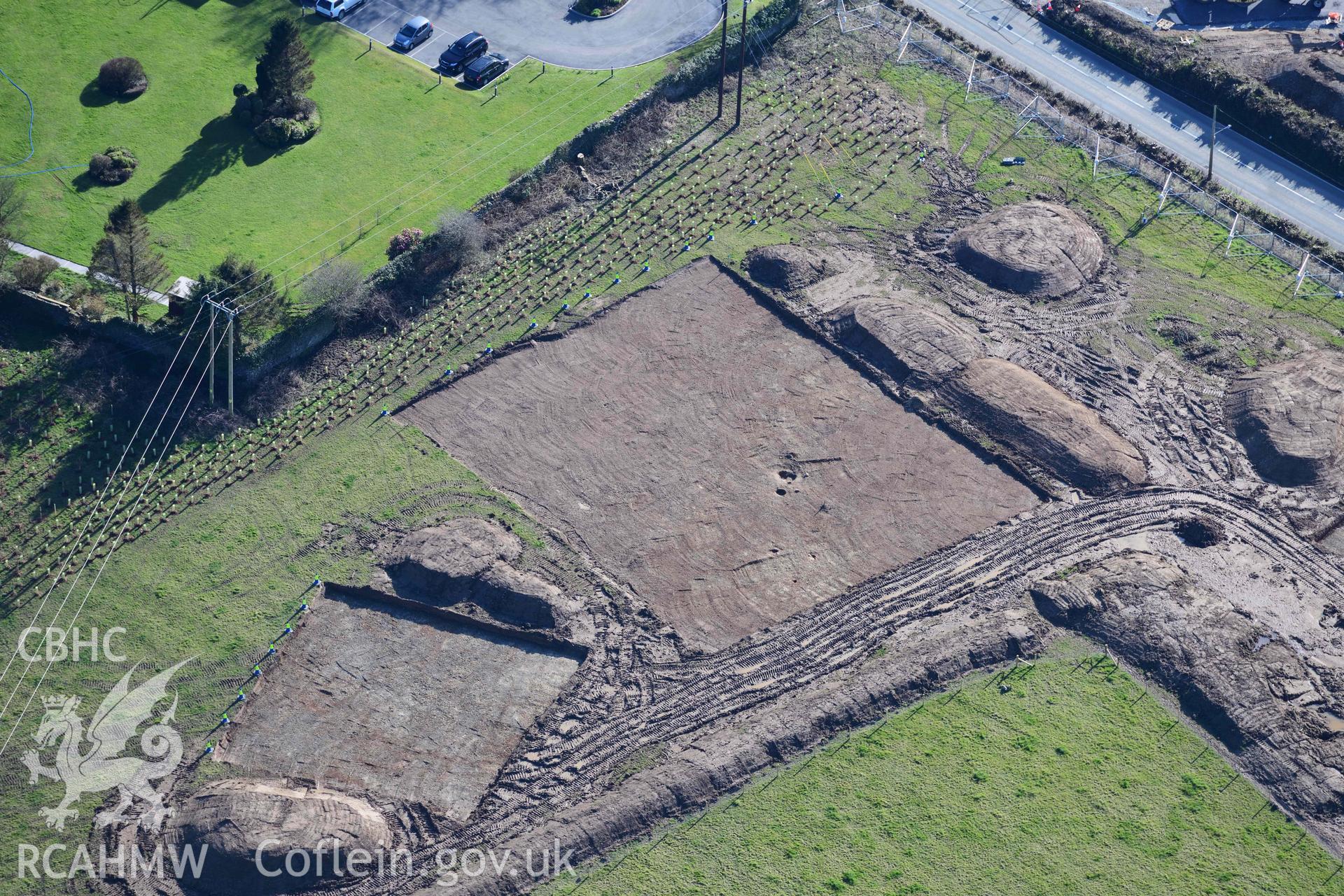 Redstone Cross, Narberth, archaeological evaluation. Oblique aerial photograph taken during the Royal Commission’s programme of archaeological aerial reconnaissance by Toby Driver on 14 March 2022.