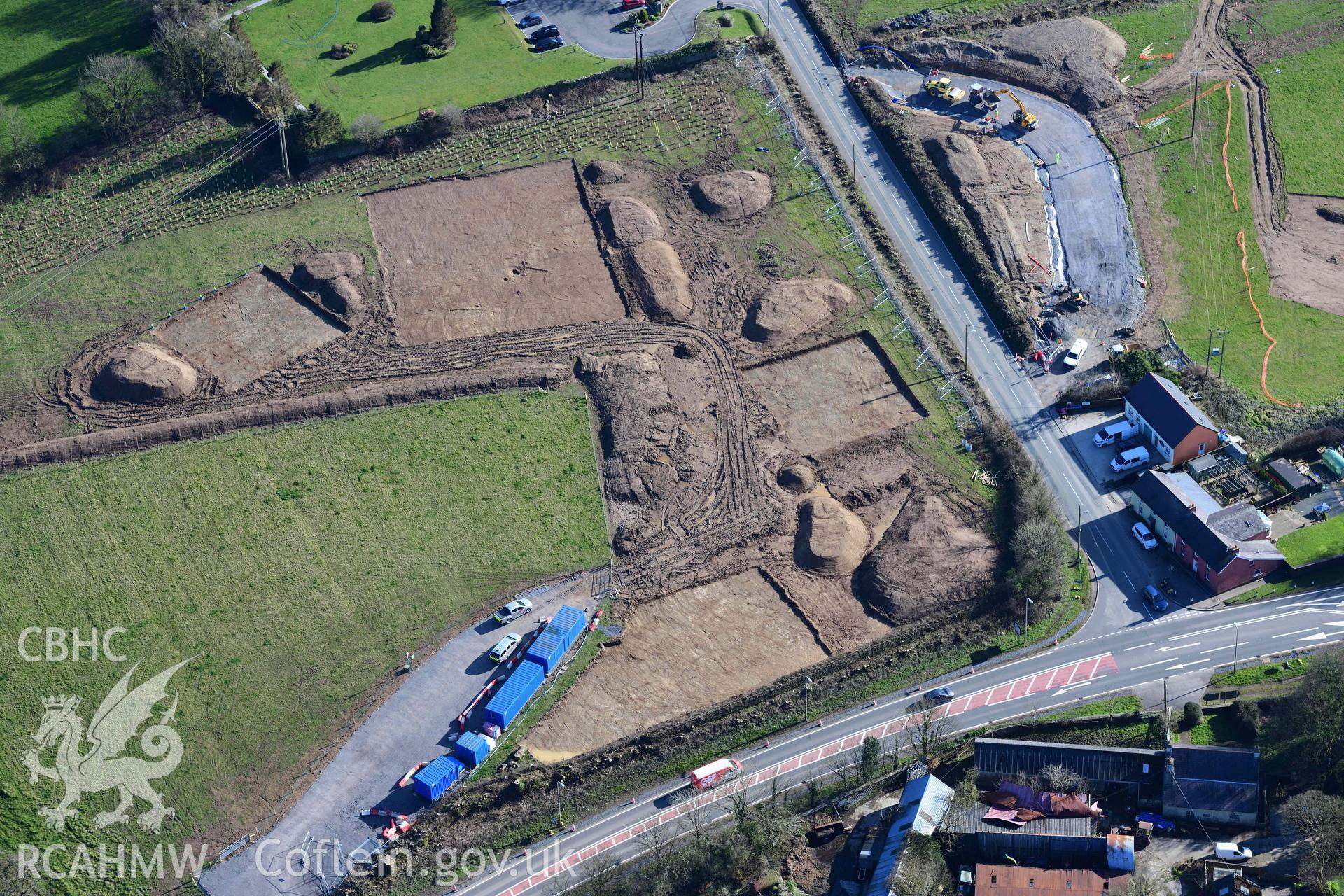 Redstone Cross, Narberth, archaeological evaluation. Oblique aerial photograph taken during the Royal Commission’s programme of archaeological aerial reconnaissance by Toby Driver on 14 March 2022.