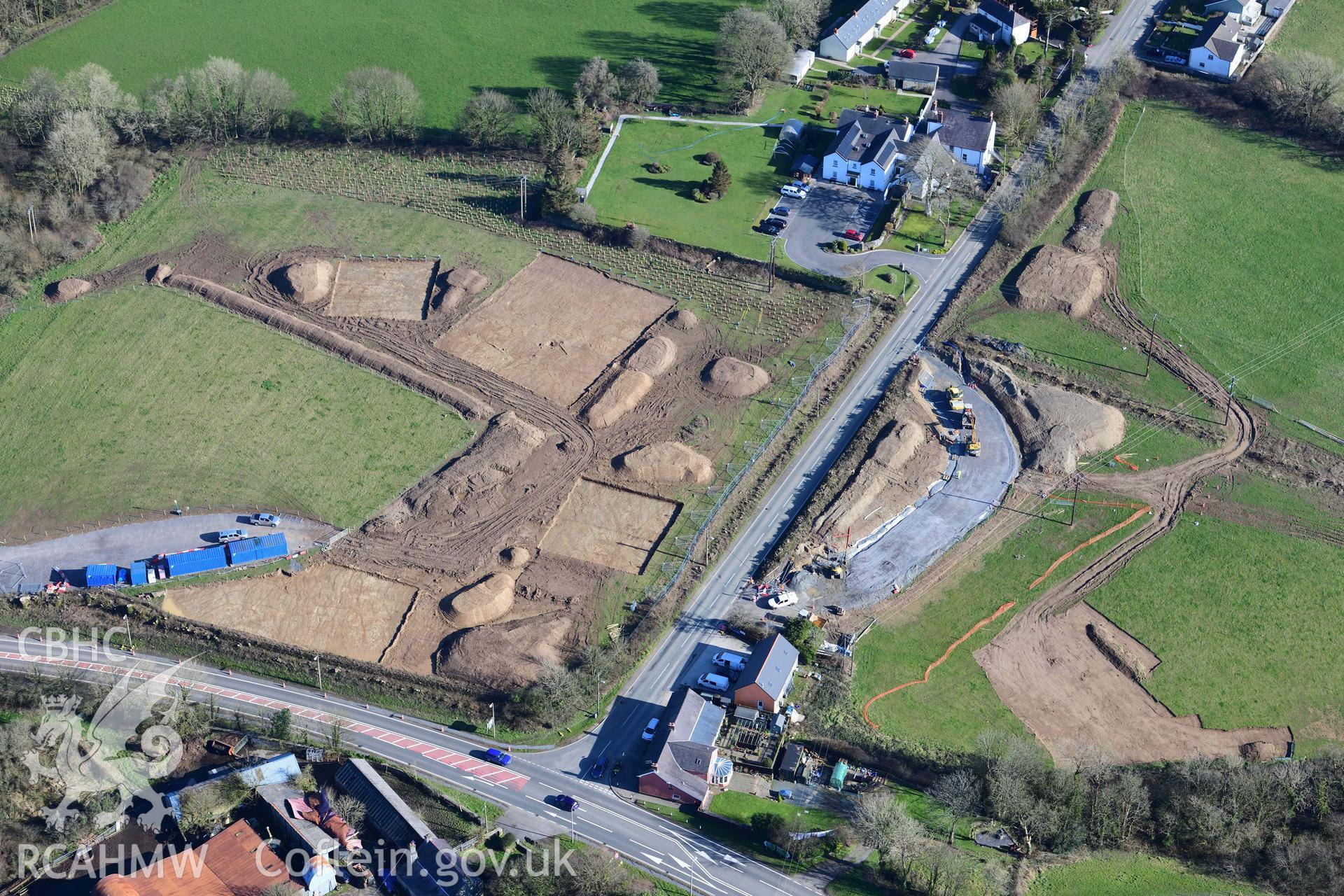 Redstone Cross, Narberth, archaeological evaluation. Oblique aerial photograph taken during the Royal Commission’s programme of archaeological aerial reconnaissance by Toby Driver on 14 March 2022.