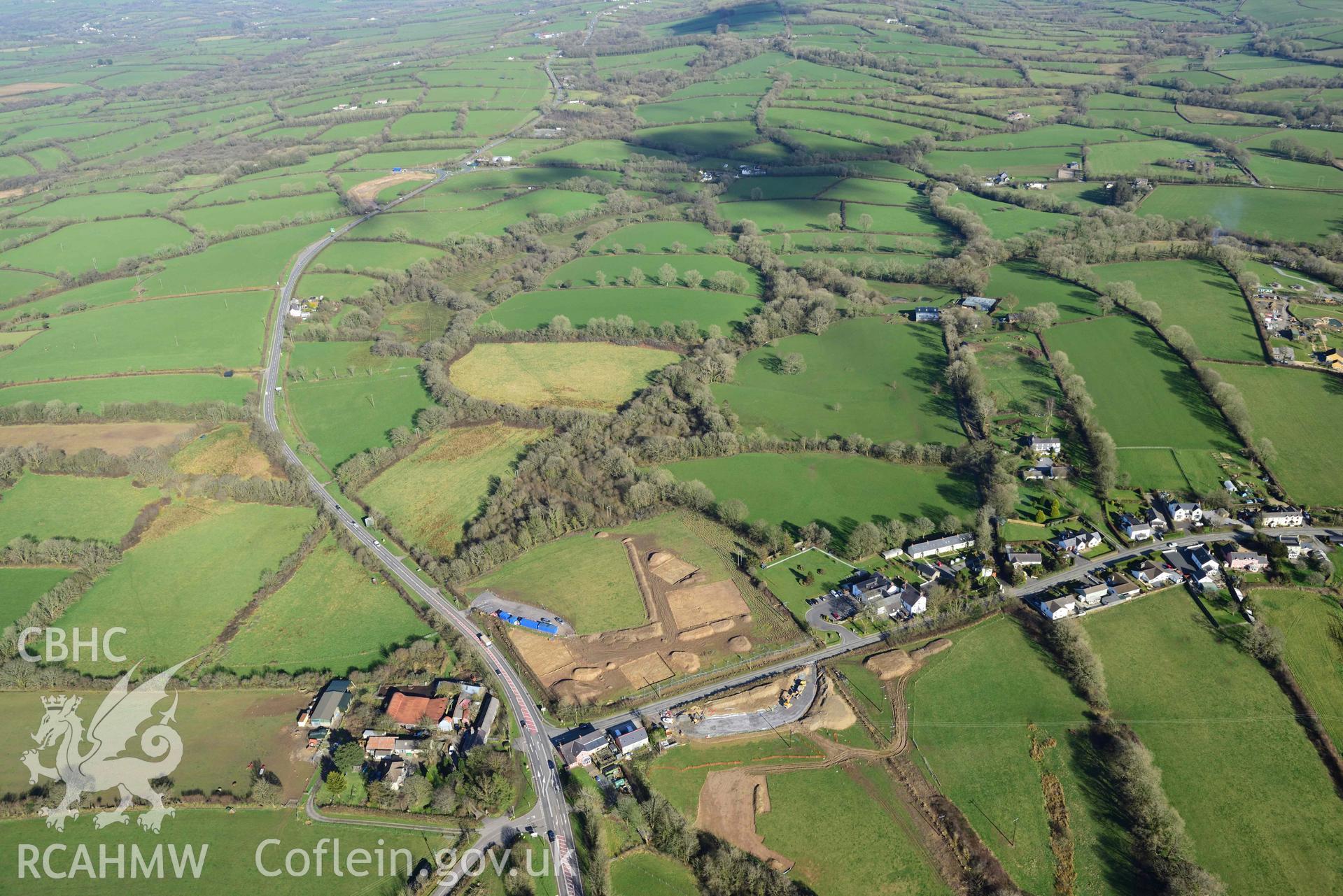 Redstone Cross, Narberth, archaeological evaluation. Oblique aerial photograph taken during the Royal Commission’s programme of archaeological aerial reconnaissance by Toby Driver on 14 March 2022.