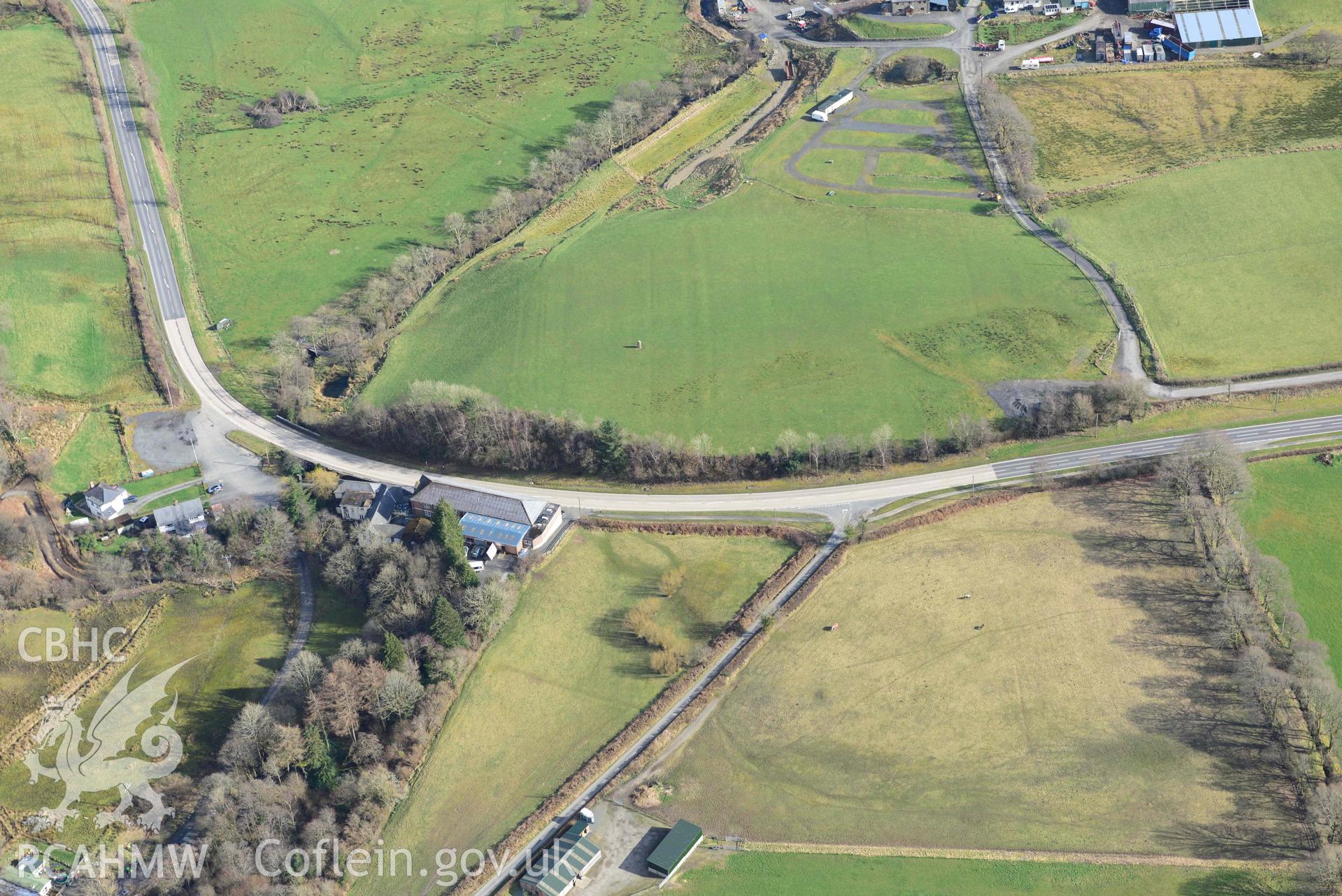 Caer Maen/Cambrian Factory standing stone. Oblique aerial photograph taken during the Royal Commission’s programme of archaeological aerial reconnaissance by Toby Driver on 14 March 2022.