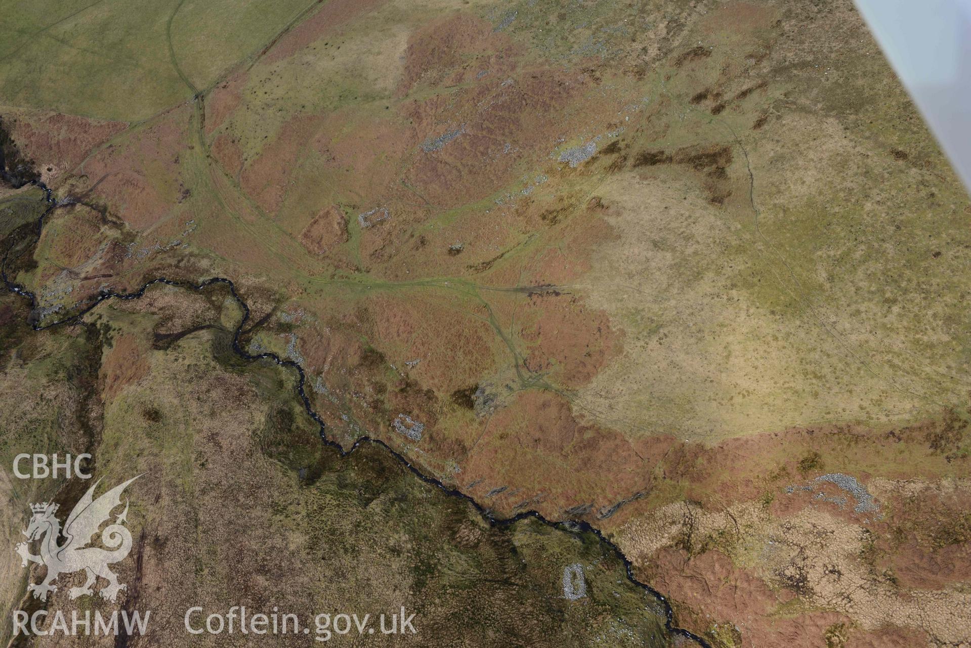 Esgair Gwar y Cae hafotau settlement, Nant Rhyd Goch. Oblique aerial photograph taken during the Royal Commission’s programme of archaeological aerial reconnaissance by Toby Driver on 14 March 2022.