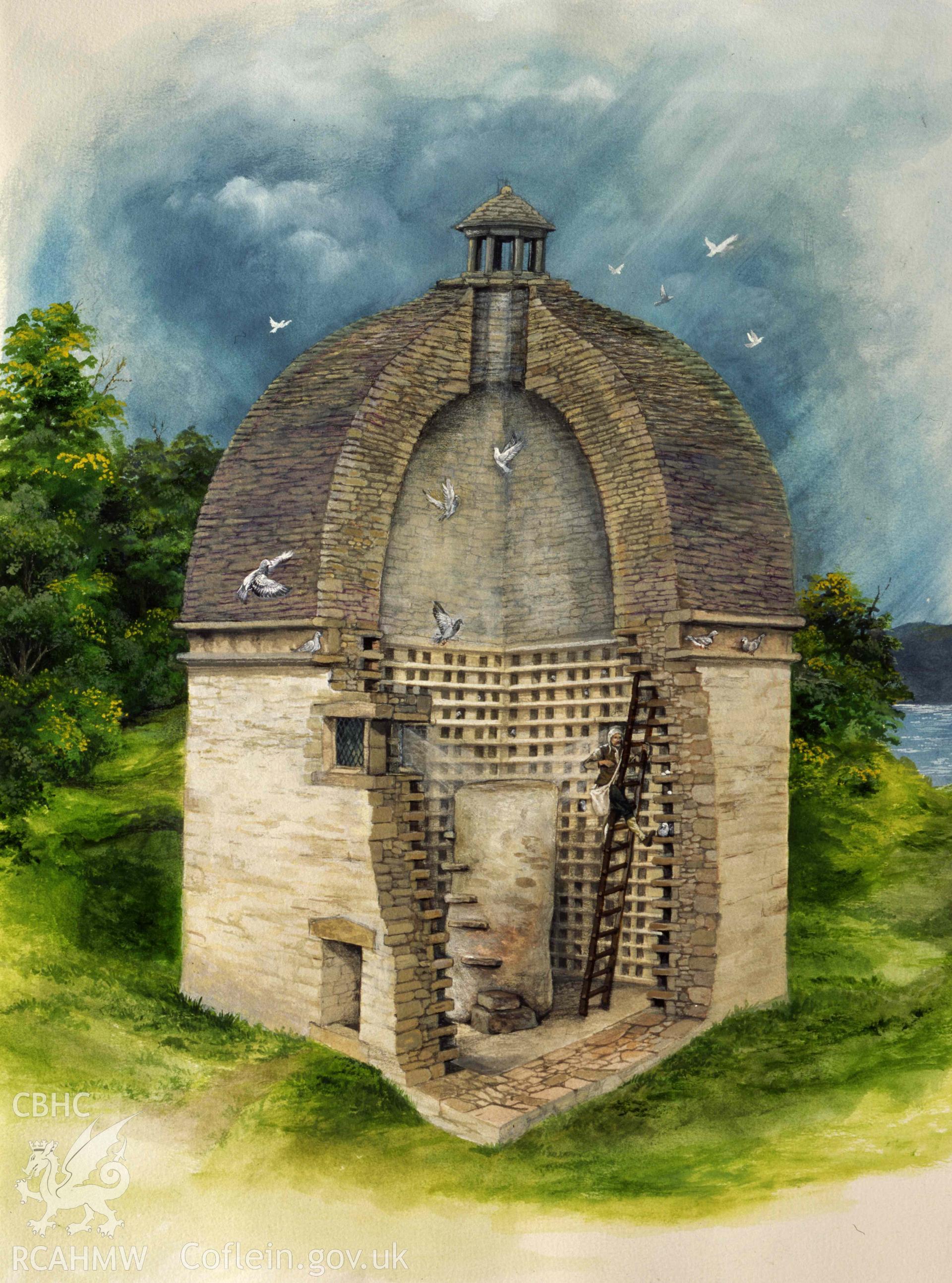 Digital copy of a watercolour cutaway reconstruction of Penmon Dovecote by Brian Byron for Menter Môn. ©Menter Môn 2005, with funding from the Heritage Lottery Fund, Cadw and Welsh Assembly Government; illustration by Brian Byron.