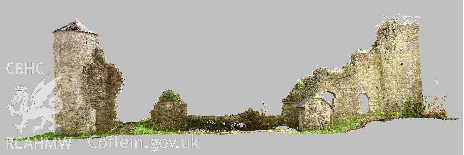 North west elevation of Cresswell Castle, derived from laser scan point cloud data. Part of a Terrestrial Laser Scanning Survey archive for Cresswell Castle, carried out by Dr Jayne Kamintzis of RCAHMW on 6 and 7 March 2023.