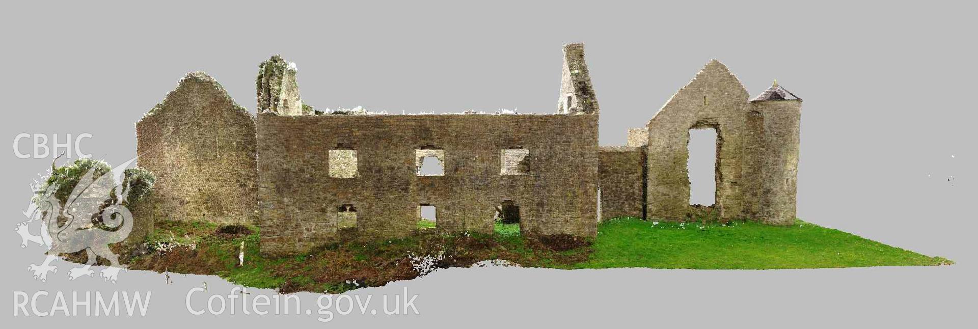 North east elevation of Cresswell Castle, derived from laser scan point cloud data. Part of a Terrestrial Laser Scanning Survey archive for Cresswell Castle, carried out by Dr Jayne Kamintzis of RCAHMW on 6 and 7 March 2023.