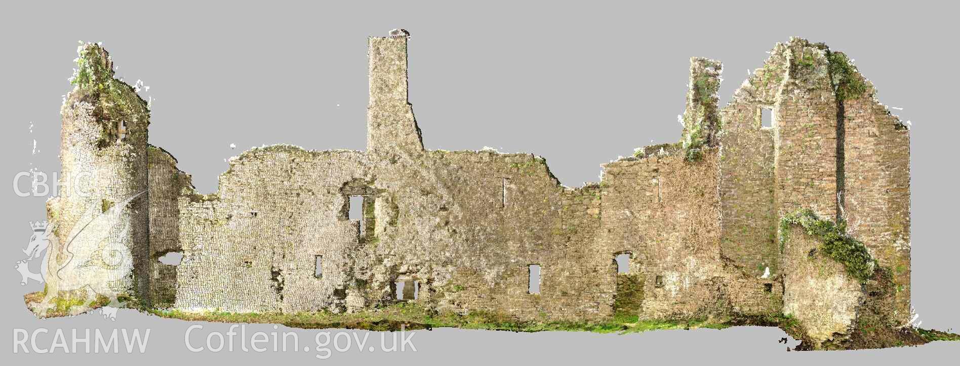 South east elevation of Cresswell Castle, derived from laser scan point cloud data. Part of a Terrestrial Laser Scanning Survey archive for Cresswell Castle, carried out by Dr Jayne Kamintzis of RCAHMW on 6 and 7 March 2023.