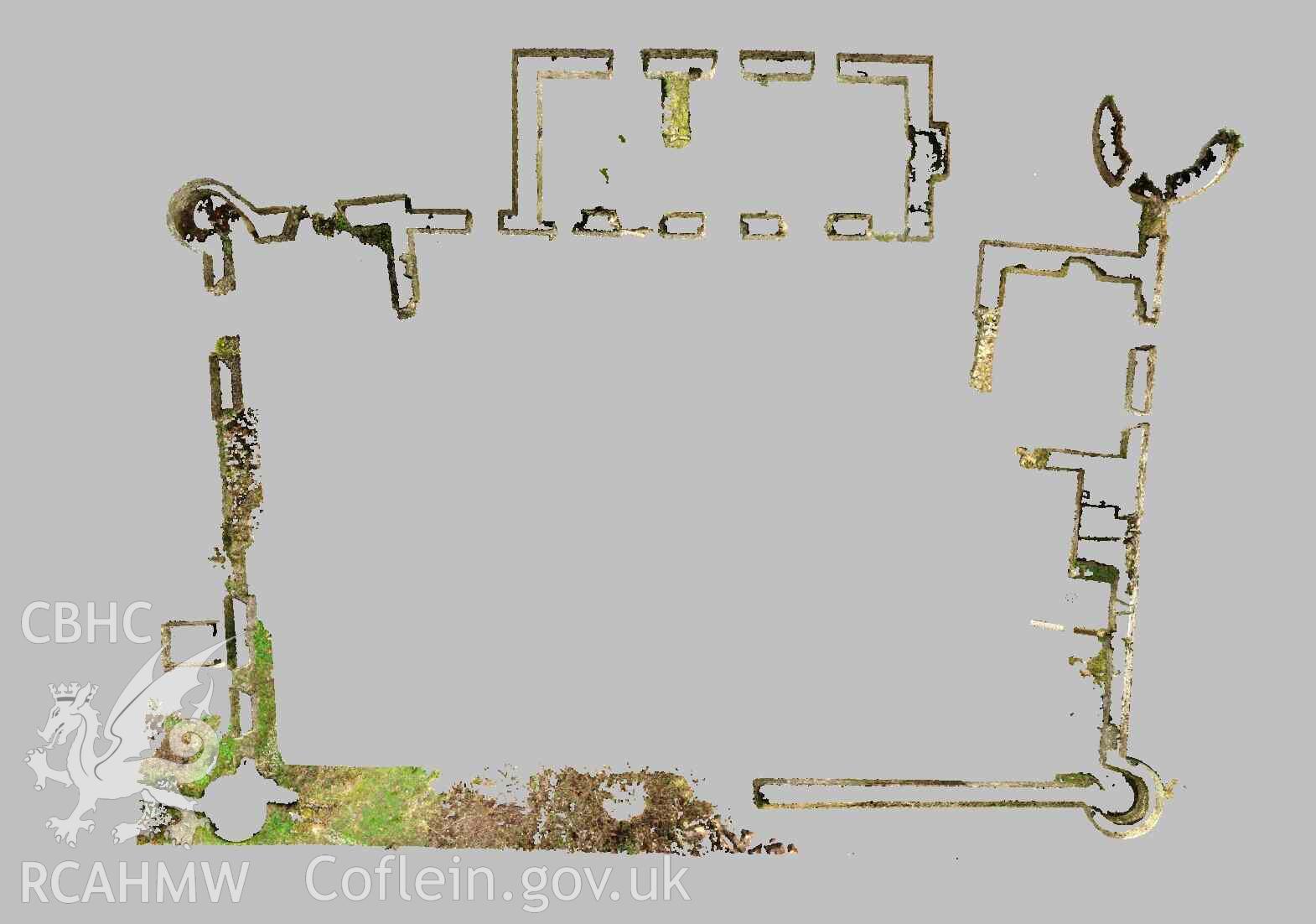 Plan view of Cresswell Castle, derived from laser scan point cloud data. Part of a Terrestrial Laser Scanning Survey archive for Cresswell Castle, carried out by Dr Jayne Kamintzis of RCAHMW on 6 and 7 March 2023.