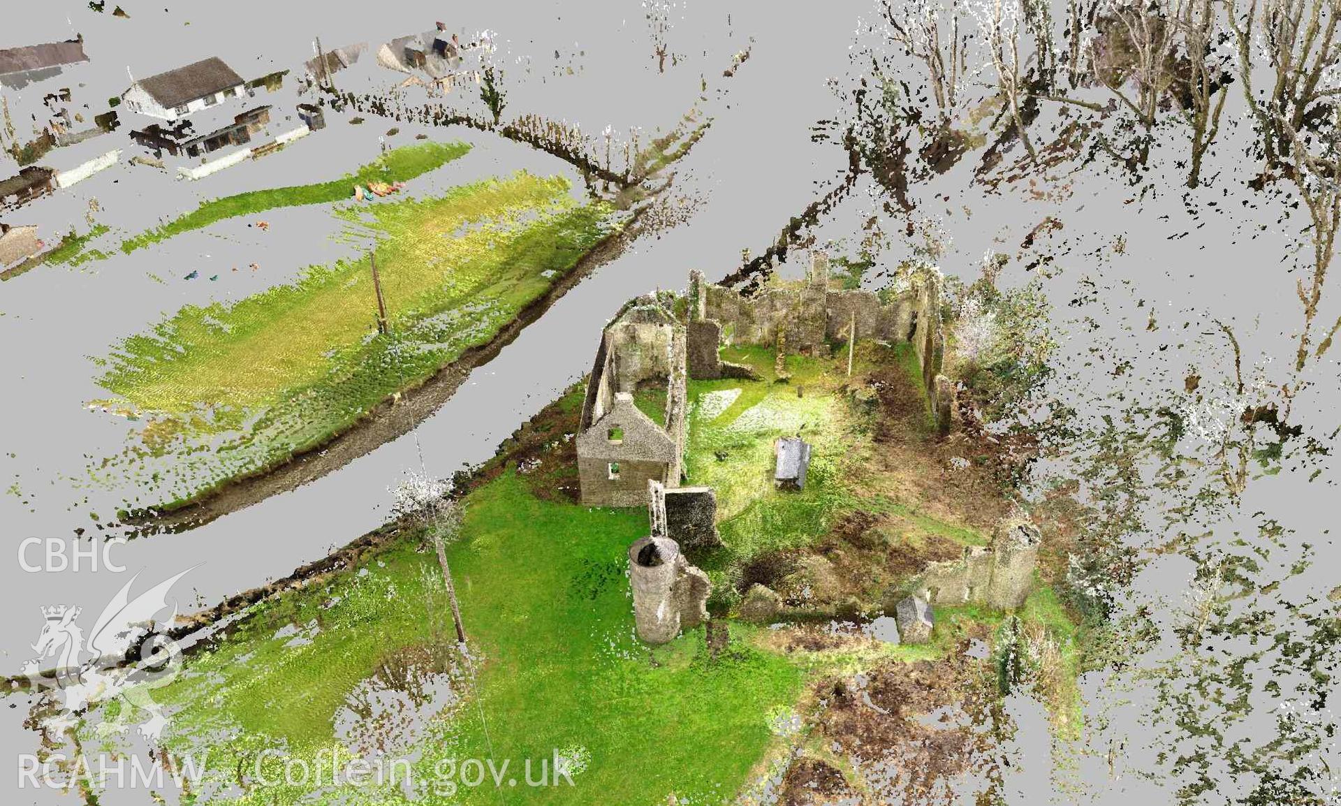 Overhead view of Cresswell Castle looking south east, derived from laser scan point cloud data. Part of a Terrestrial Laser Scanning Survey archive for Cresswell Castle, carried out by Dr Jayne Kamintzis of RCAHMW on 6 and 7 March 2023.