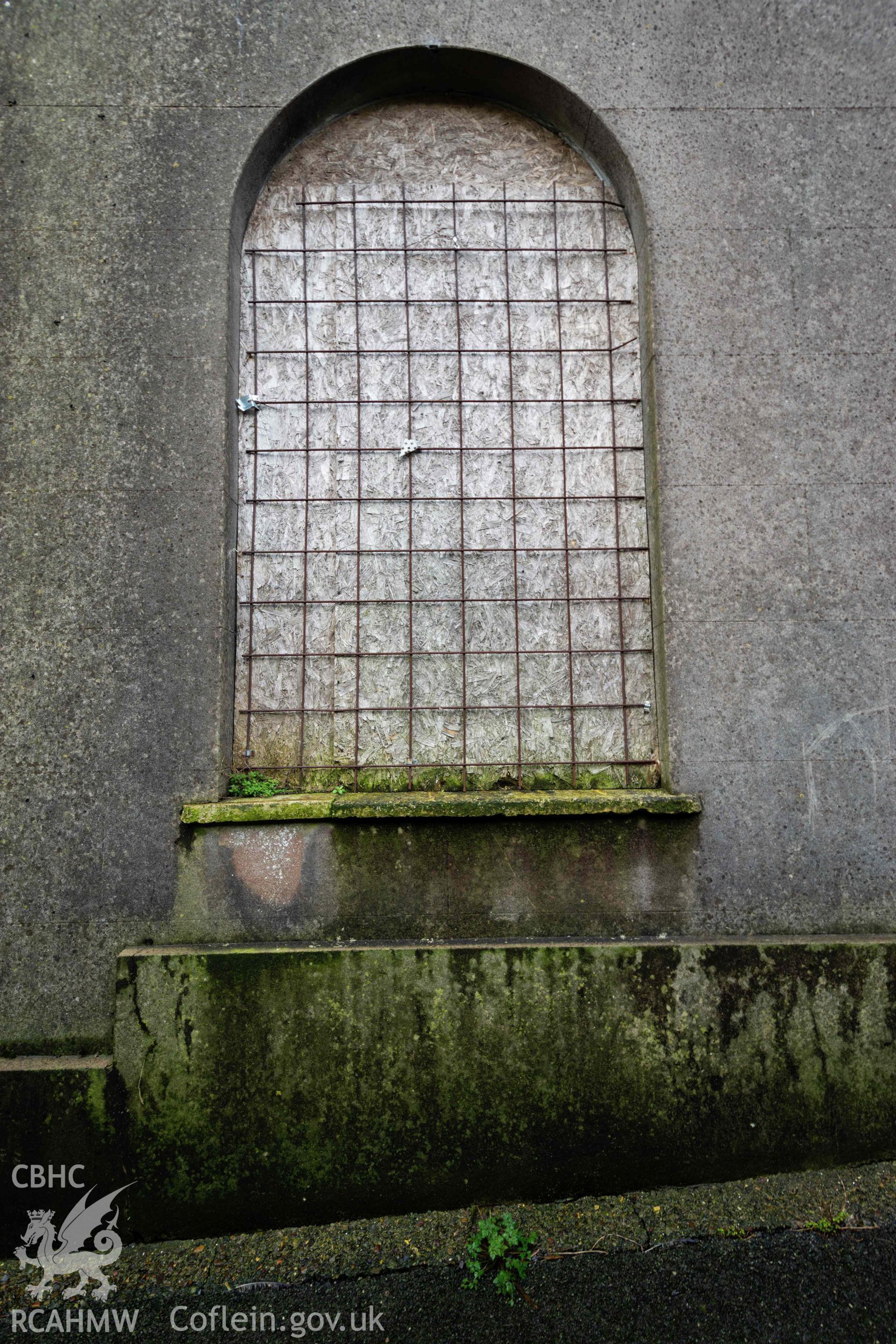 Round headed window, south wall. Perrots Road Wesleyan Methodist Chapel, Haverfordwest. Part of a photographic survey conducted by Meilyr Powel on 20 February 2023.