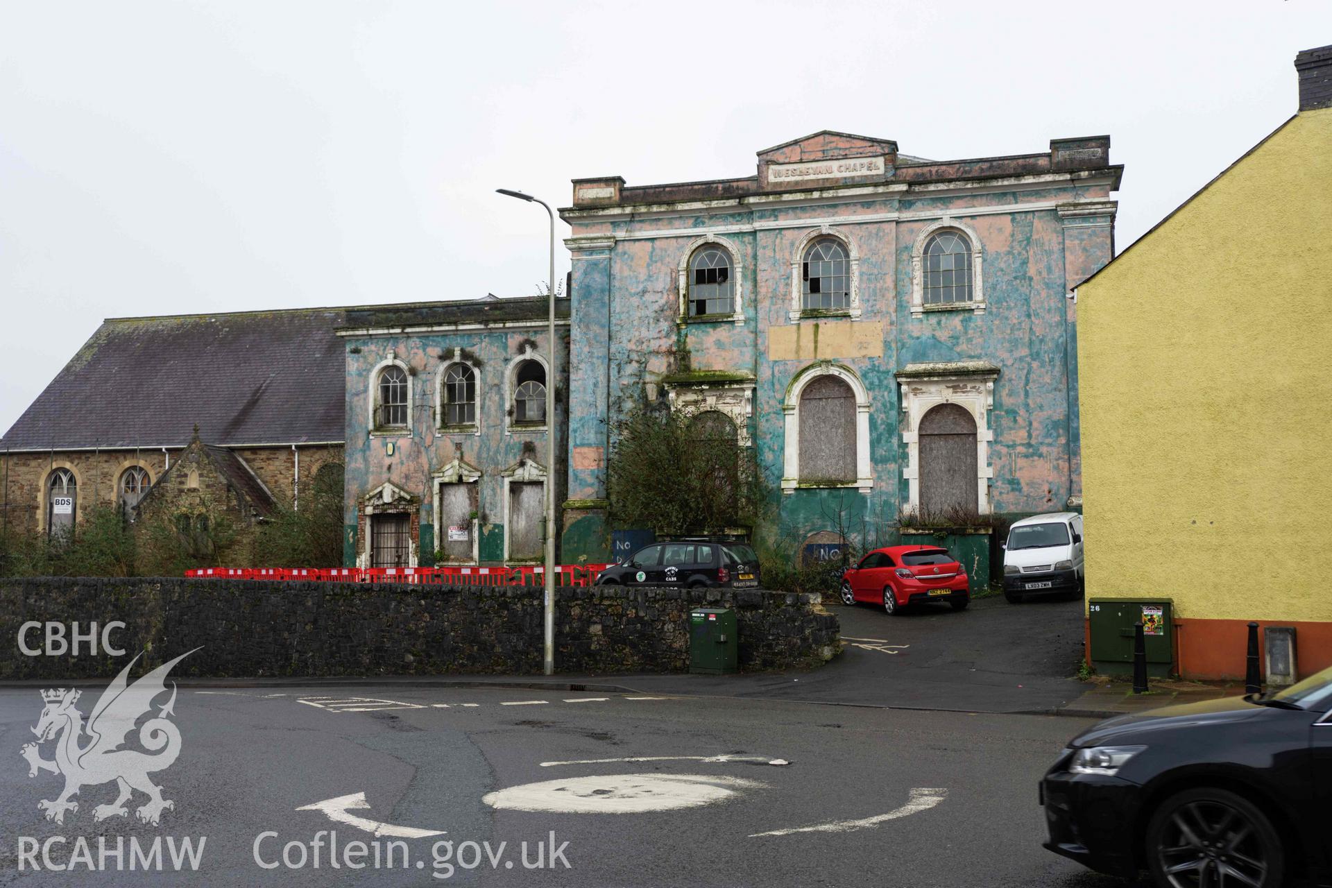 West front façade from across the road. Perrots Road Wesleyan Methodist Chapel, Haverfordwest. Part of a photographic survey conducted by Meilyr Powel on 20 February 2023.