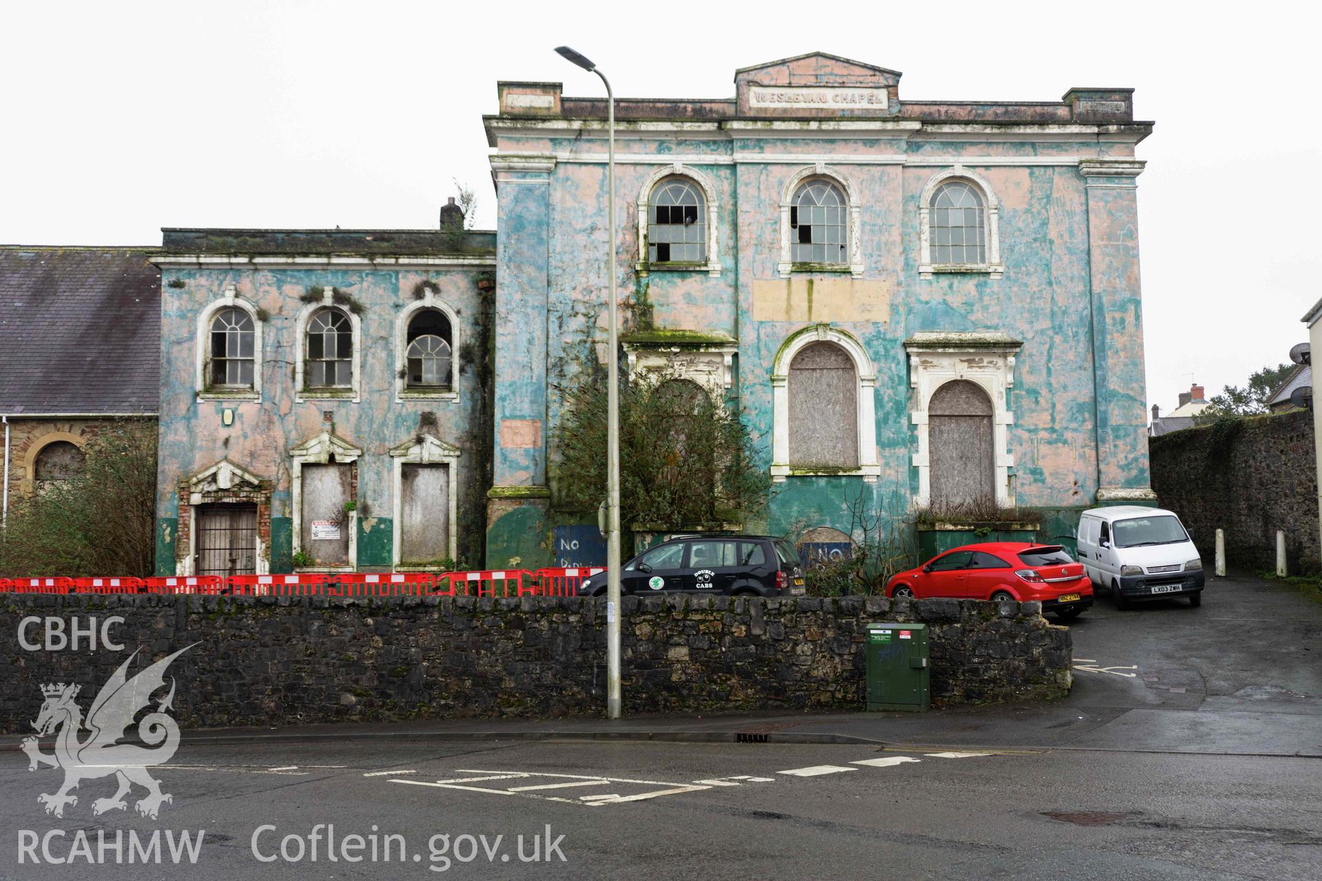 Front (west) elevations. Perrots Road Wesleyan Methodist Chapel, Haverfordwest. Part of a photographic survey conducted by Meilyr Powel on 20 February 2023.