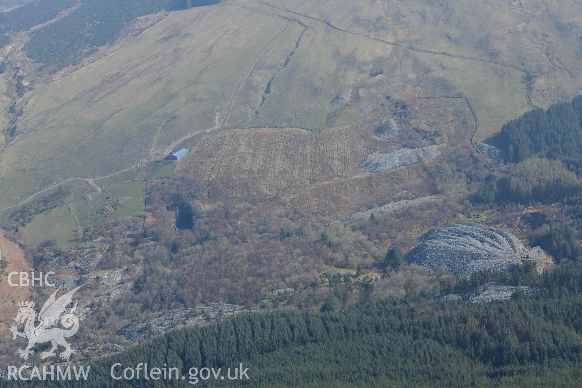 Bryneglwys Slate Quarry. Oblique aerial photographs taken during the Royal Commission’s programme of archaeological aerial reconnaissance by Toby Driver on 25 March 2022.