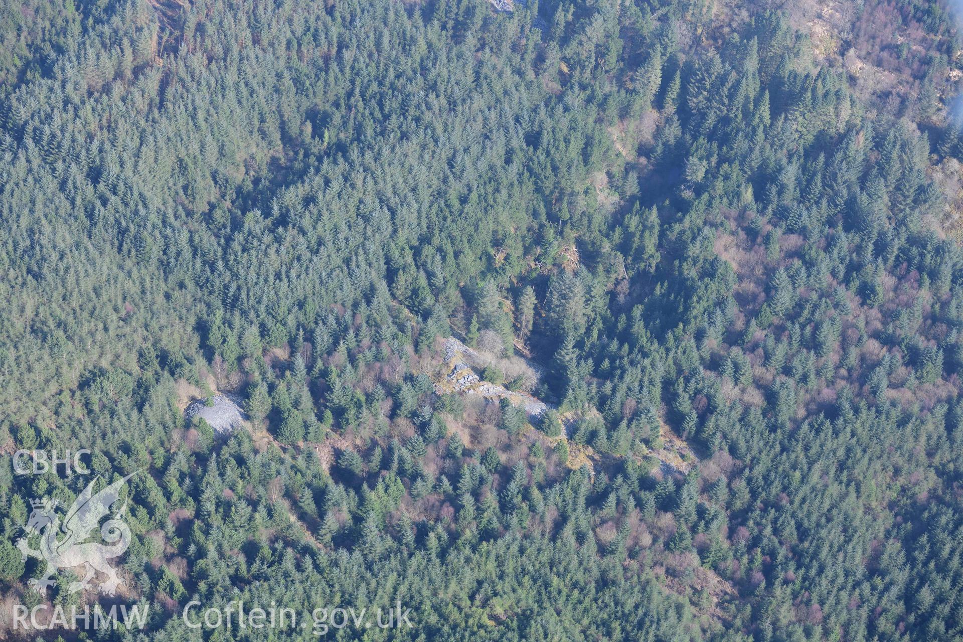 Bryneglwys Slate Quarry, forested tips. Oblique aerial photographs taken during the Royal Commission’s programme of archaeological aerial reconnaissance by Toby Driver on 25 March 2022.