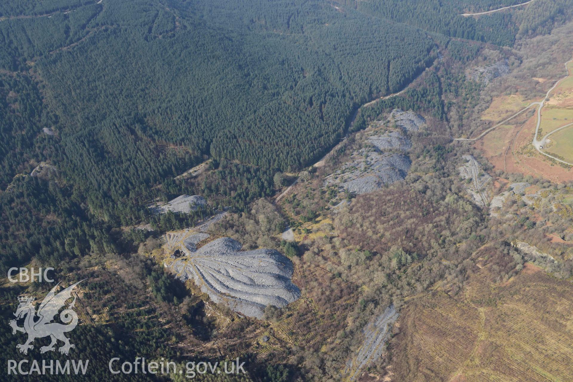 Bryneglwys Slate Quarry. Oblique aerial photographs taken during the Royal Commission’s programme of archaeological aerial reconnaissance by Toby Driver on 25 March 2022.