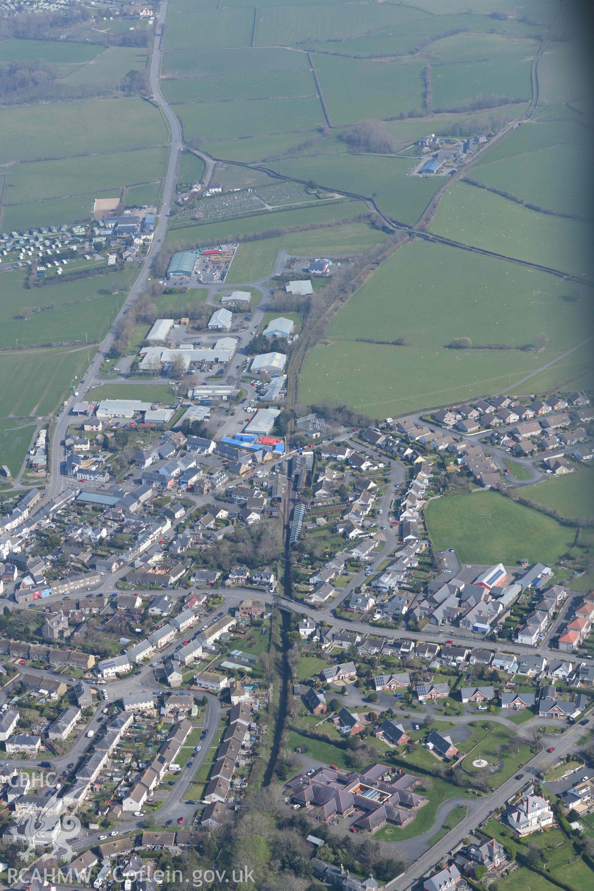 Tywyn, Pendre Station, Talyllyn Railway, view looking north-east. Oblique aerial photographs taken during the Royal Commission’s programme of archaeological aerial reconnaissance by Toby Driver on 25 March 2022.