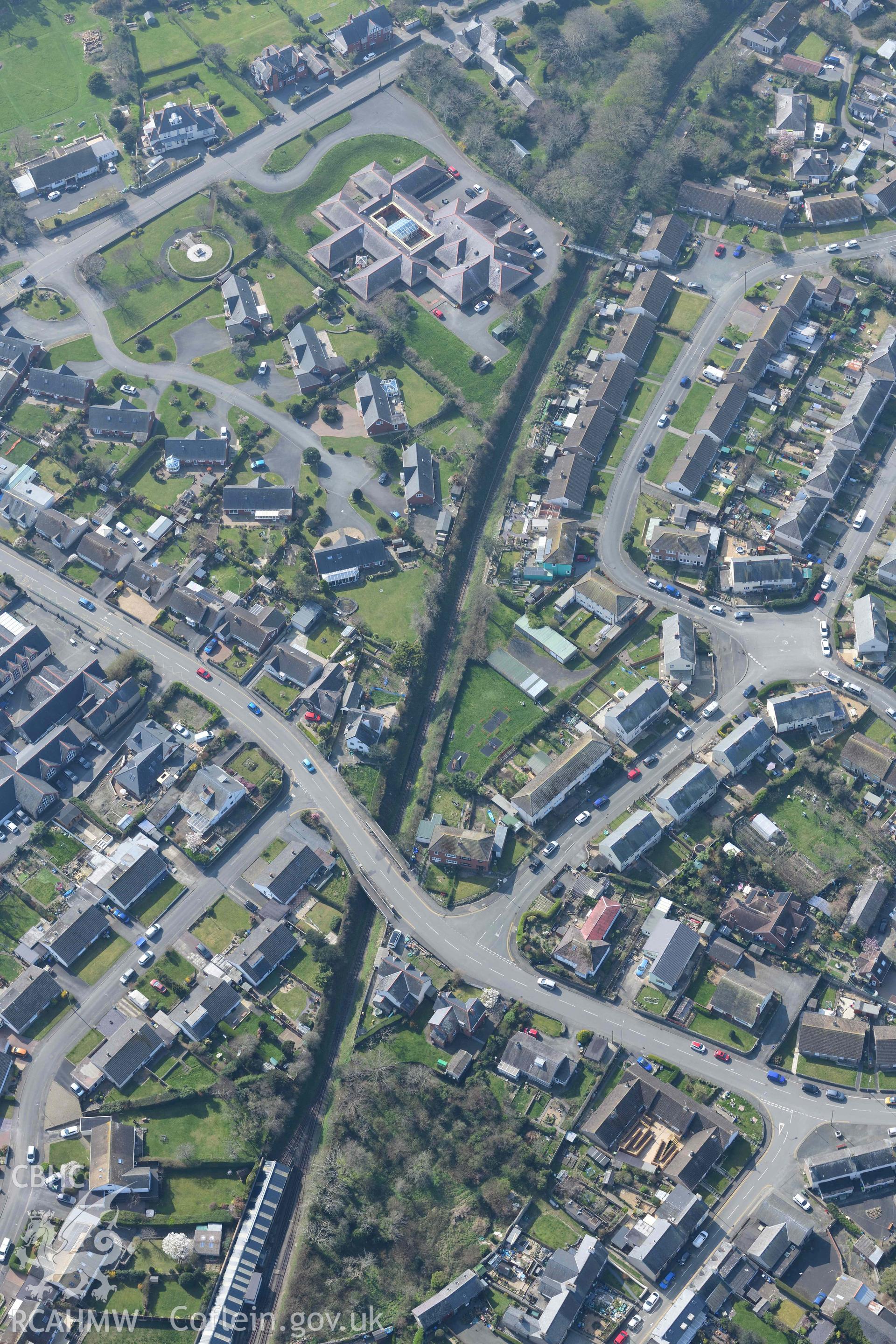 Tywyn, Talyllyn Railway south-west of Pendre Station. Oblique aerial photographs taken during the Royal Commission’s programme of archaeological aerial reconnaissance by Toby Driver on 25 March 2022.