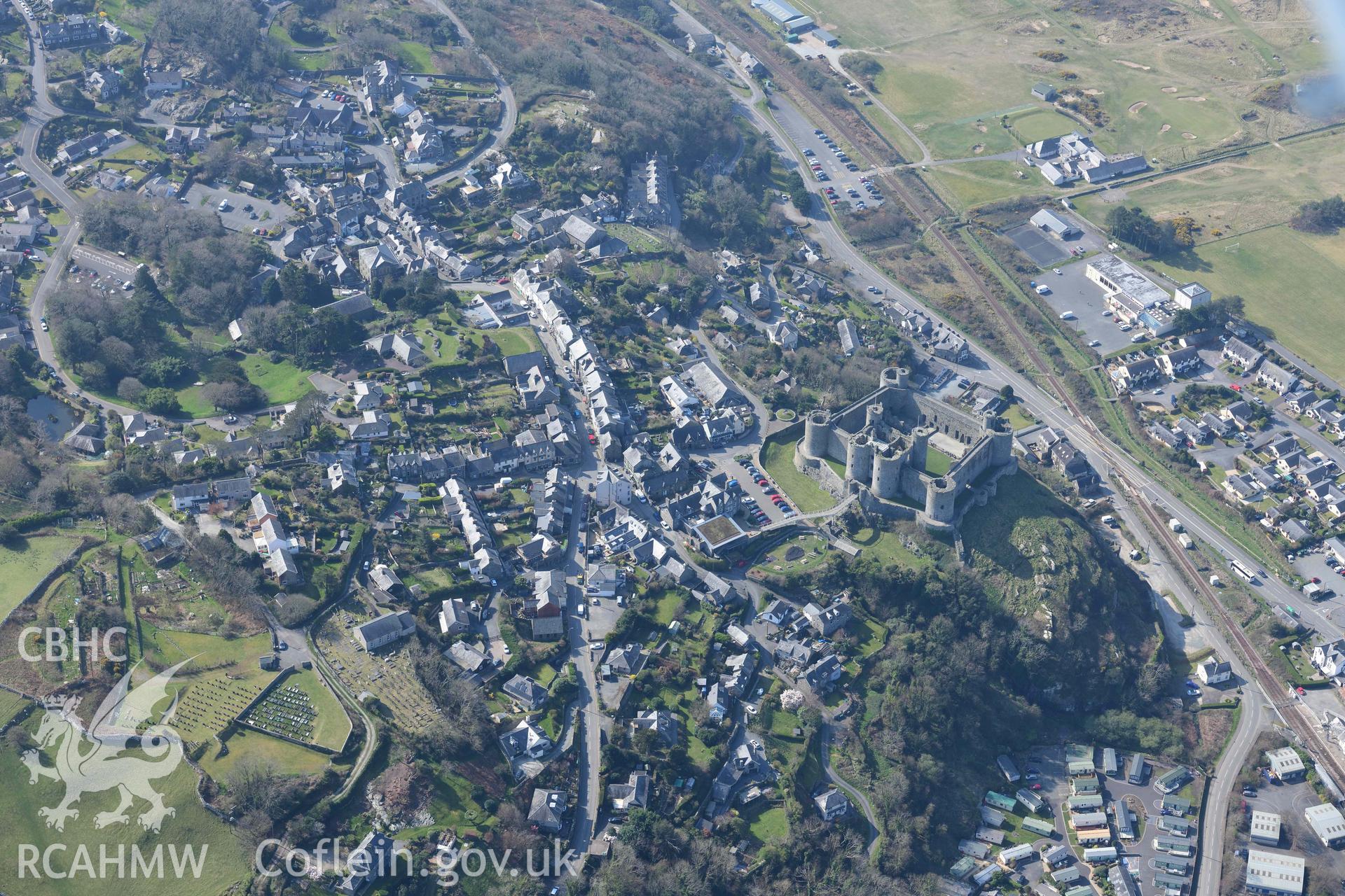 Harlech Castle and Town. Oblique aerial photographs taken during the Royal Commission’s programme of archaeological aerial reconnaissance by Toby Driver on 25 March 2022.