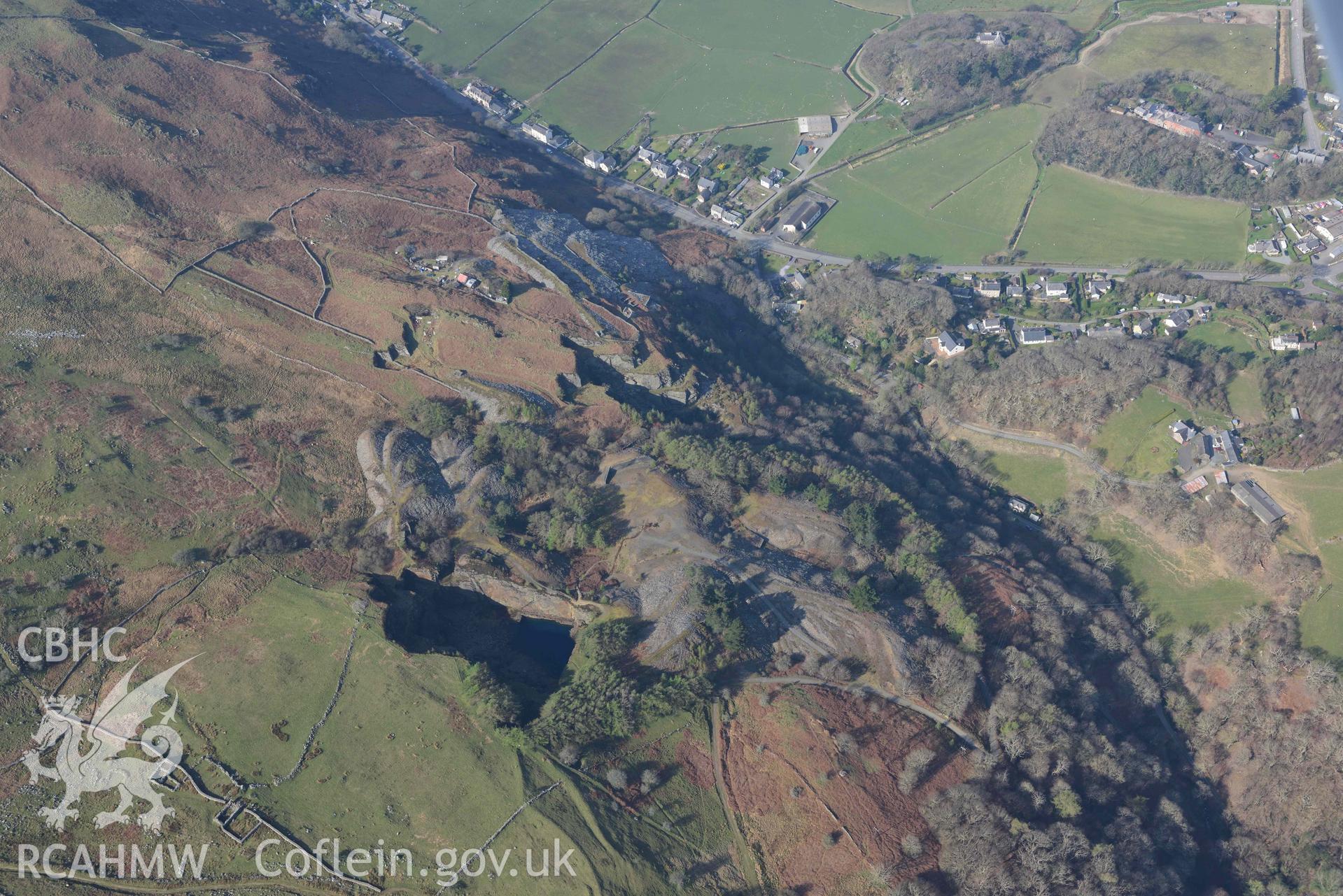 Friog Quarry. Oblique aerial photographs taken during the Royal Commission’s programme of archaeological aerial reconnaissance by Toby Driver on 25 March 2022.