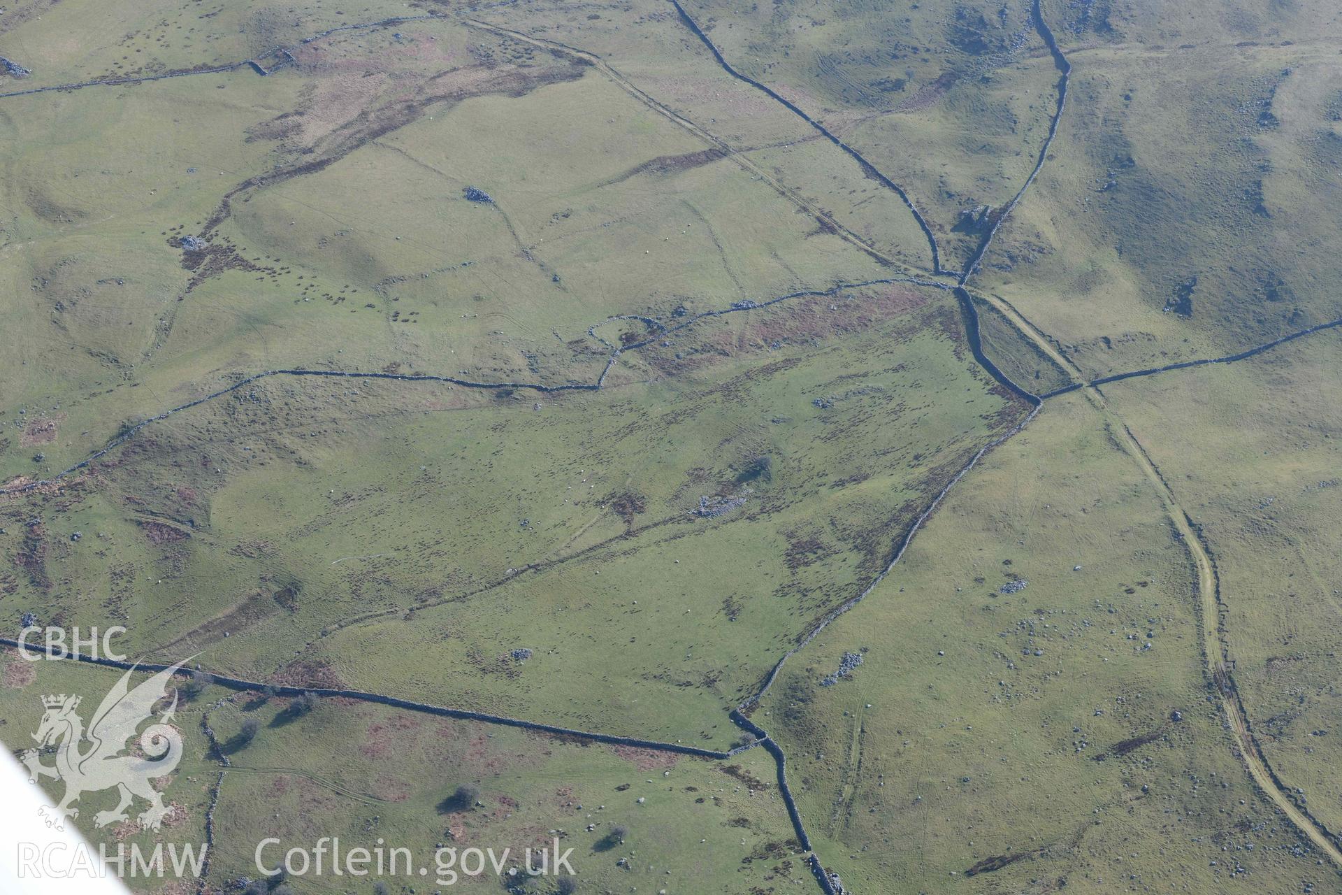 Ffridd Fedw ancient fields and kerb cairn. Oblique aerial photographs taken during the Royal Commission’s programme of archaeological aerial reconnaissance by Toby Driver on 25 March 2022.