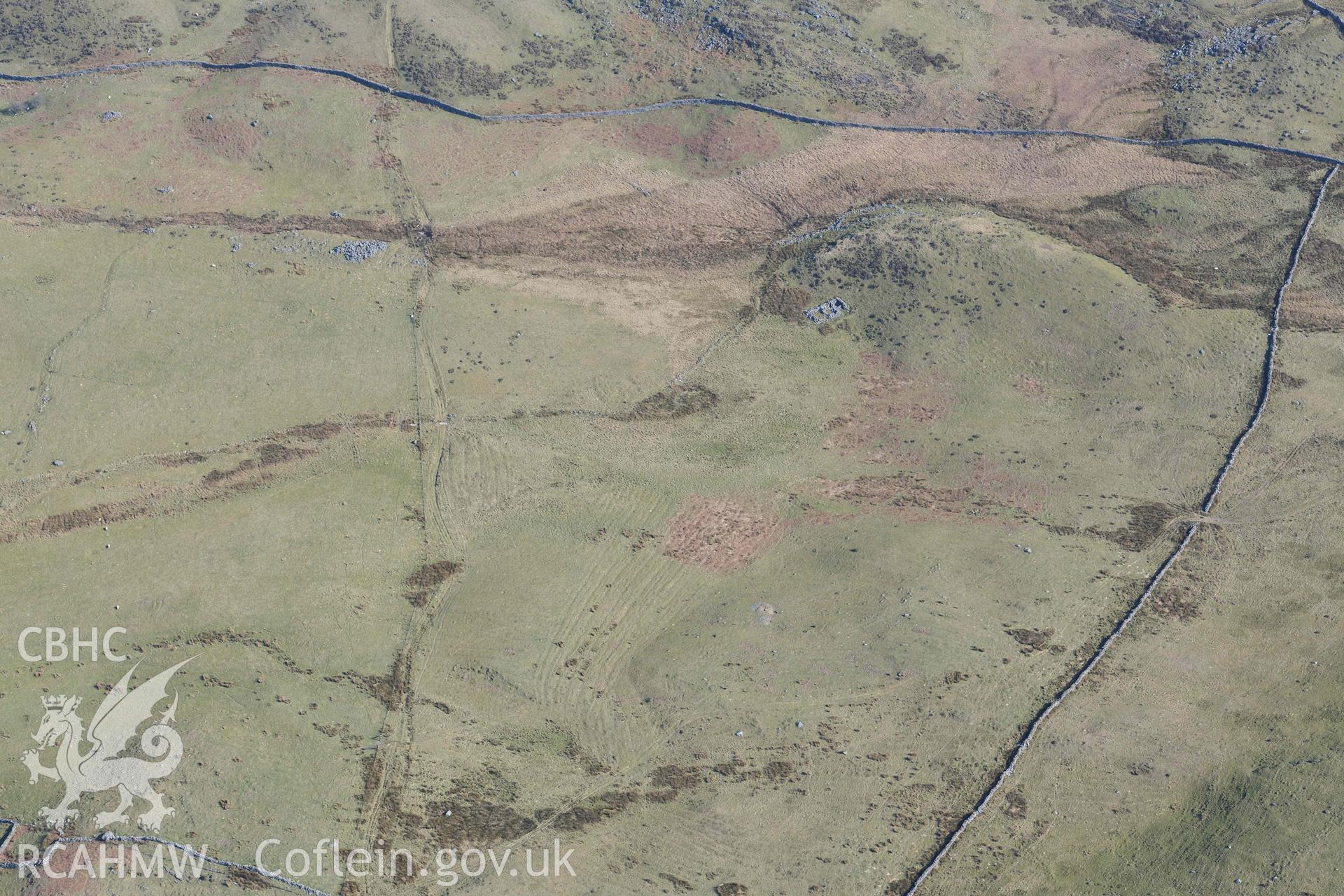 Hut circle north of Moel Goedog. Oblique aerial photograph taken during the Royal Commission’s programme of archaeological aerial reconnaissance by Toby Driver on 25 March 2022.