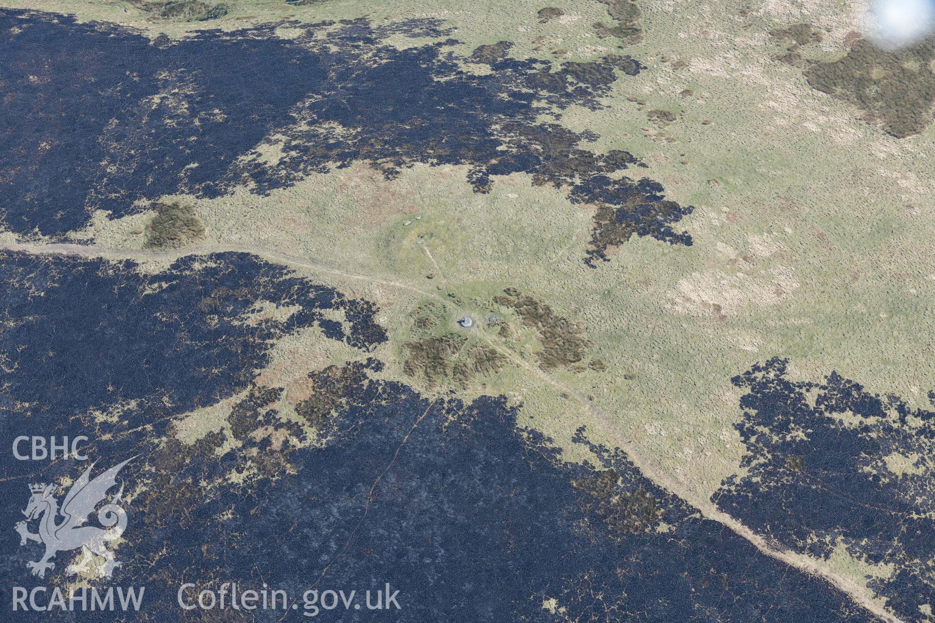 Mynydd Preseli, bracken burn around Foel Cwm-Cerwyn cairns. Oblique aerial photograph taken during the Royal Commission’s programme of archaeological aerial reconnaissance by Toby Driver on 25 March 2022.