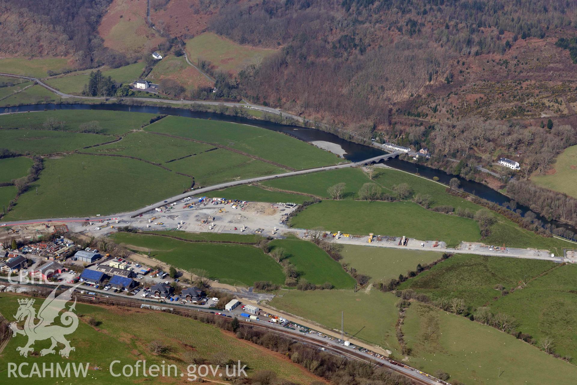 A487 New Dyfi Bridge under construction. Oblique aerial photograph taken during the Royal Commission’s programme of archaeological aerial reconnaissance by Toby Driver on 25 March 2022.