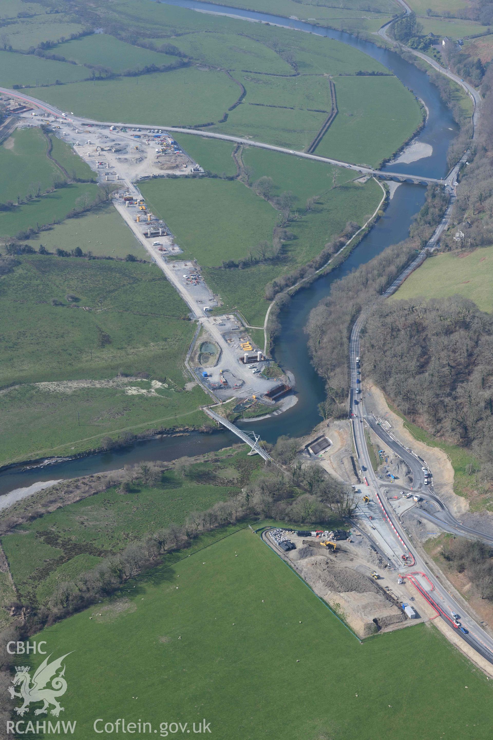 A487 New Dyfi Bridge under construction. Oblique aerial photograph taken during the Royal Commission’s programme of archaeological aerial reconnaissance by Toby Driver on 25 March 2022.