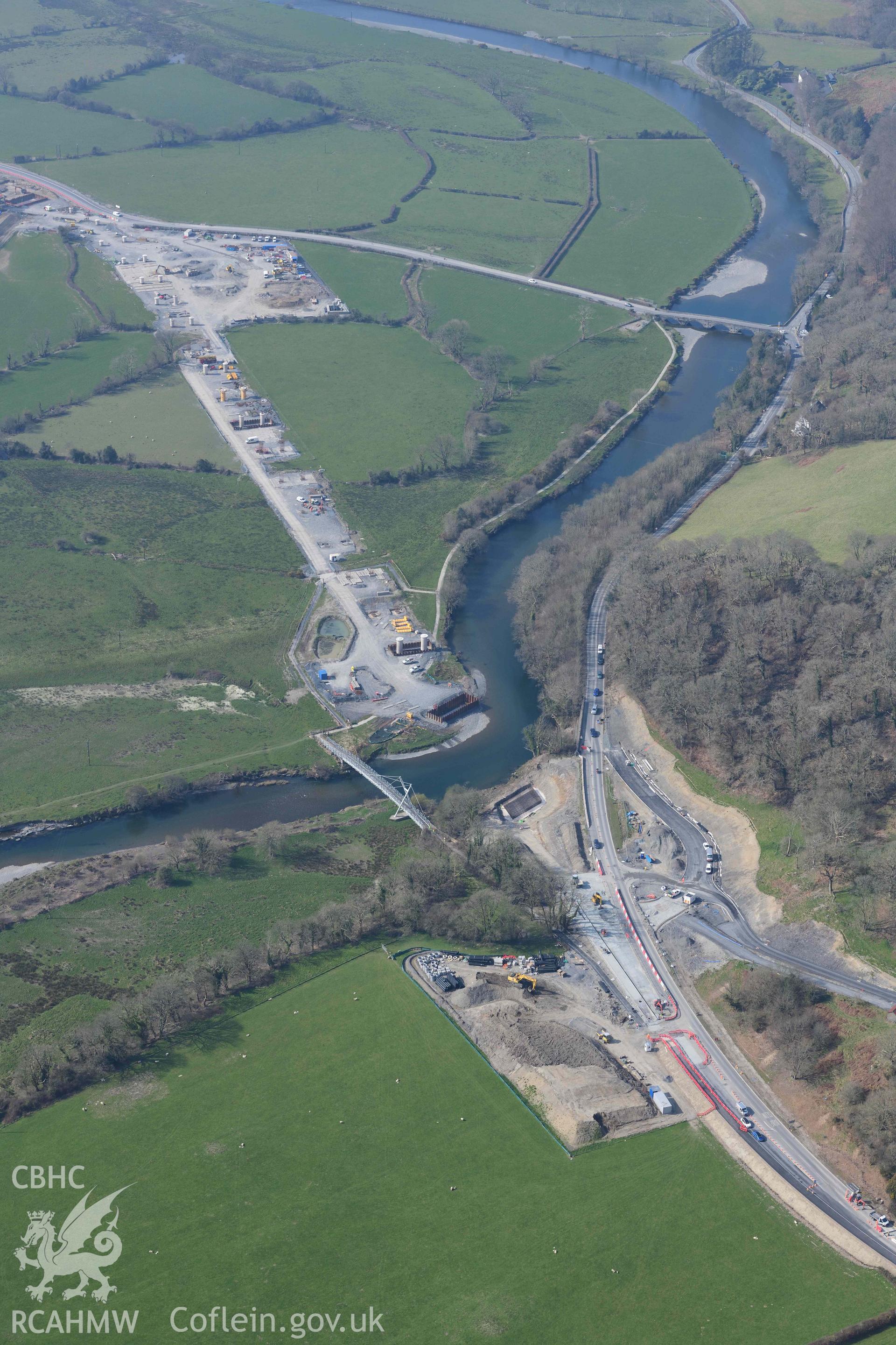 A487 New Dyfi Bridge under construction. Oblique aerial photograph taken during the Royal Commission’s programme of archaeological aerial reconnaissance by Toby Driver on 25 March 2022.