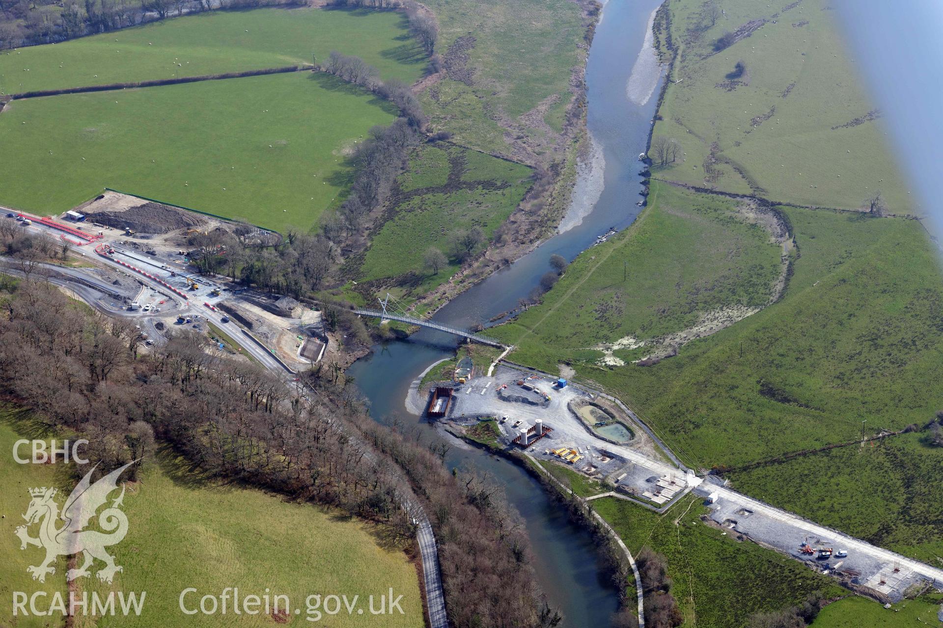 A487 New Dyfi Bridge under construction. Oblique aerial photograph taken during the Royal Commission’s programme of archaeological aerial reconnaissance by Toby Driver on 25 March 2022.