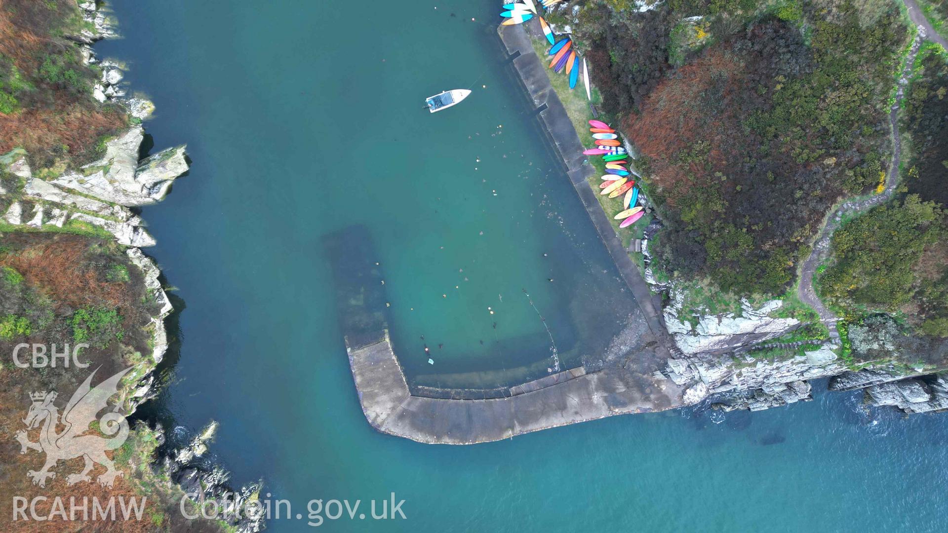 Overhead view of Porthclais Harbour breakwater, from seaward, at high tide on 11 March 2024.