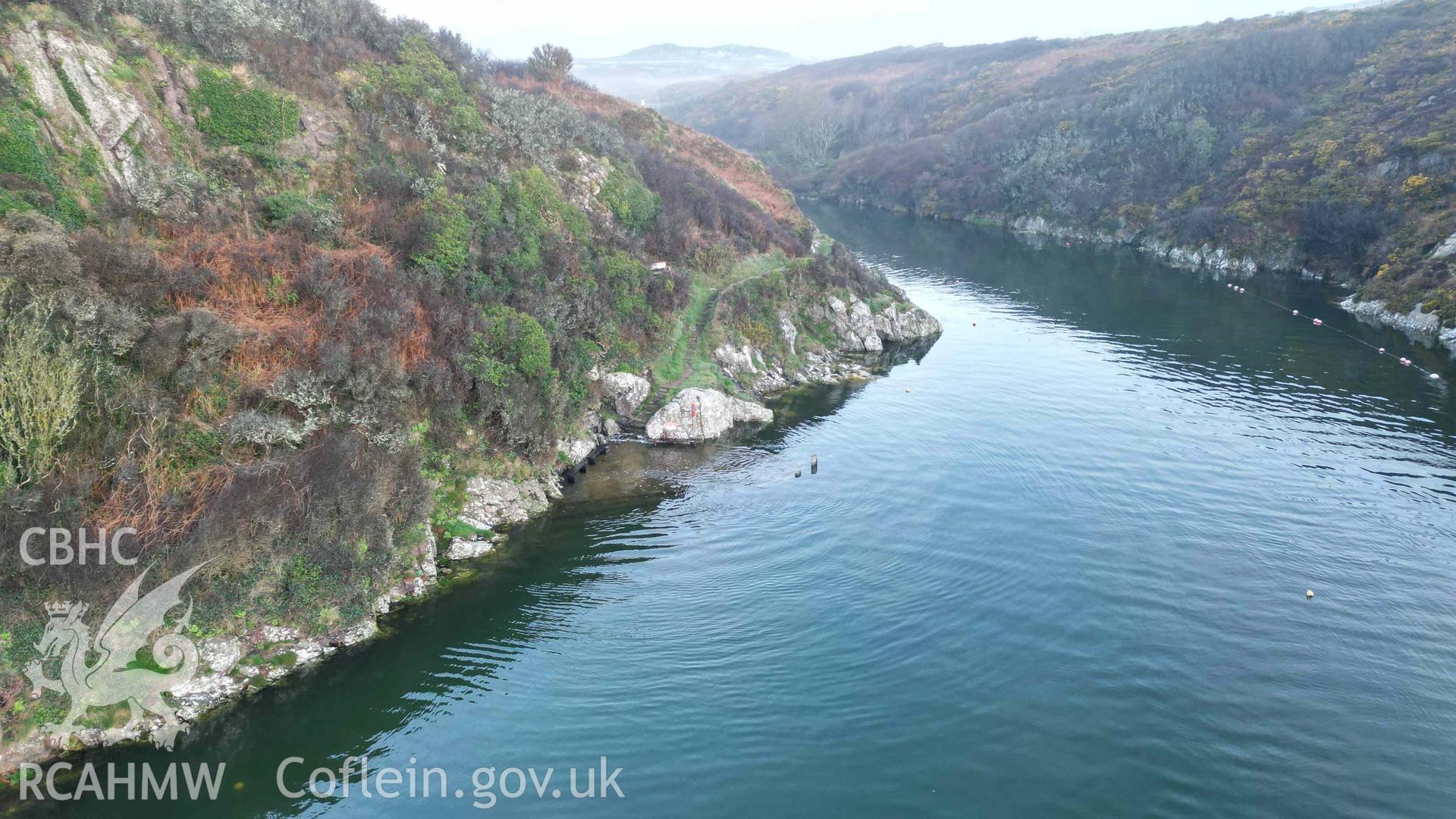 Oblique view of Cei Coch, within Porthclais Harbour, at high tide on 11 March 2024.