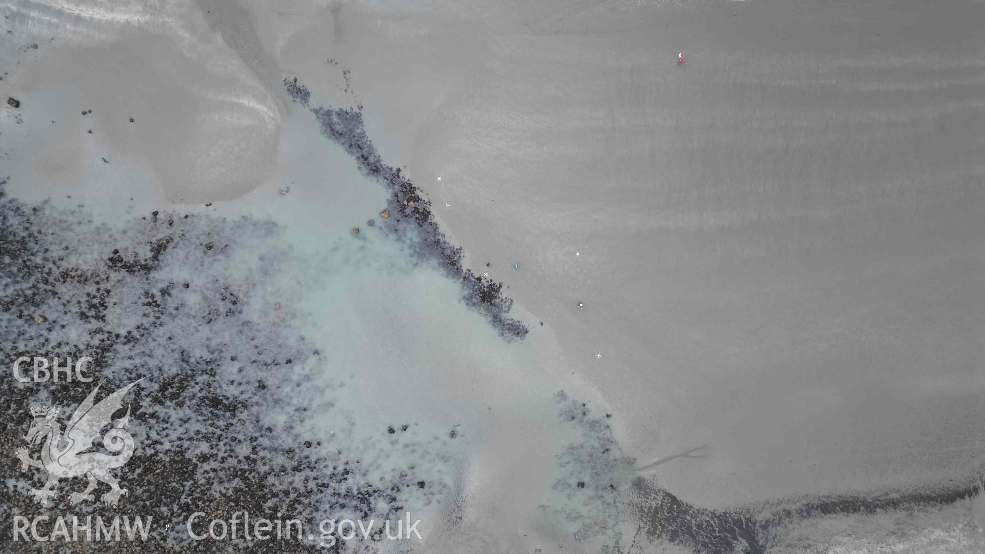 Overhead view of a section of the southern arm of Poppit fish trap that was recorded with photogrammetry on 11 March 2024.