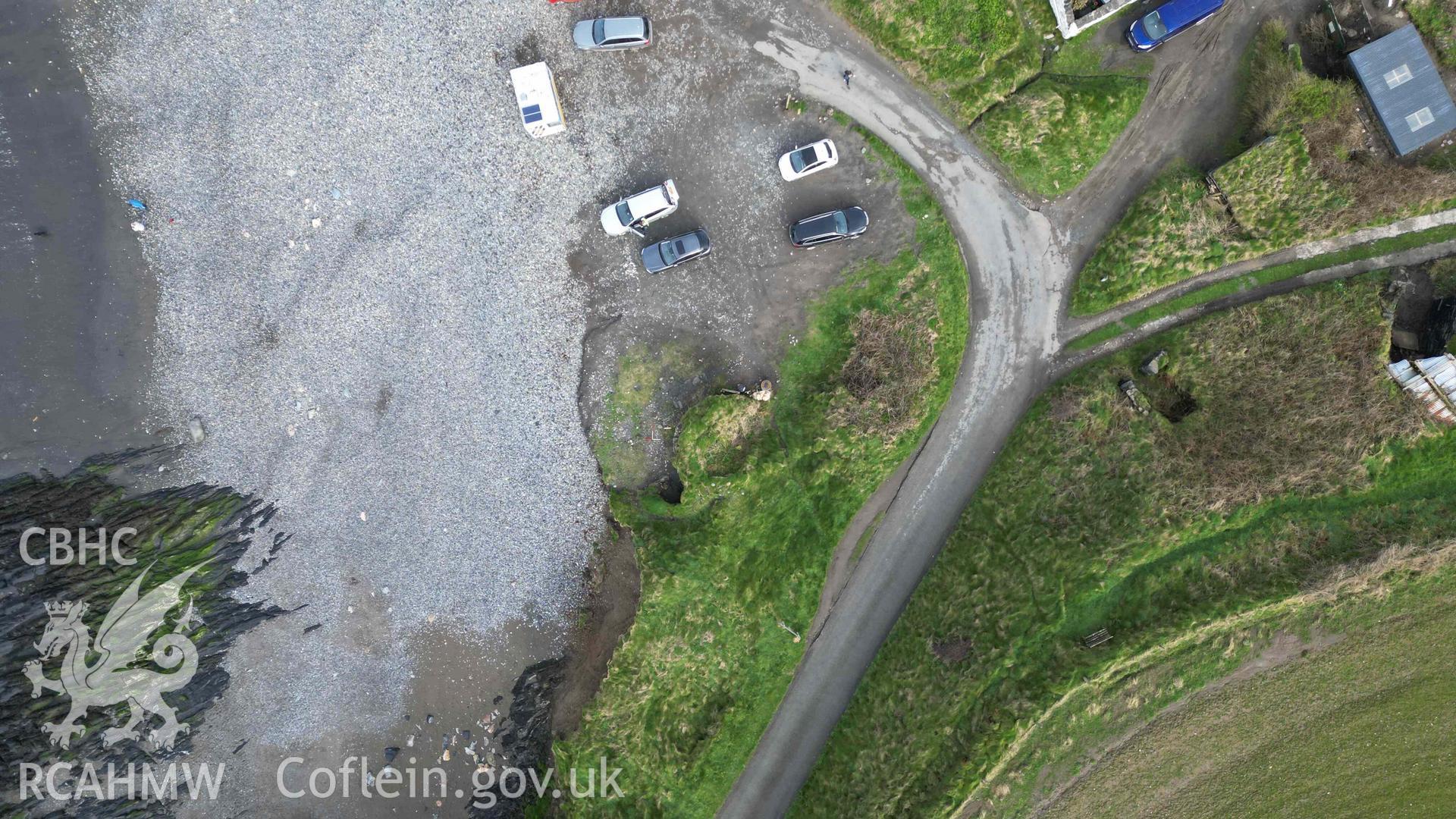 Overhead view of Abereiddy Lime Kiln 1 and the surrounding area of the southern side of the beach on 20/03/2024. North is to the top of the image, scales are 1m.