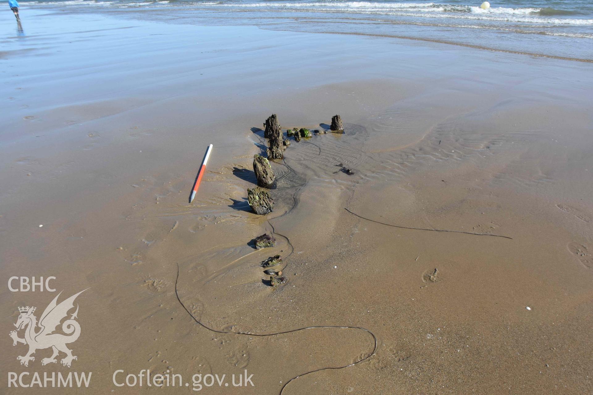 Unnamed Wreck (Fosil?) on The Warren Beach, Abersoch. Detail of exposed framing at bow. Photographed by Louise Barker on 15 September 2020. Crown Copyright. CHERISH project. Produced with EU funds through the Ireland Wales Co-operation Programme 2014-2023. All material made freely available through the Open Government Licence.