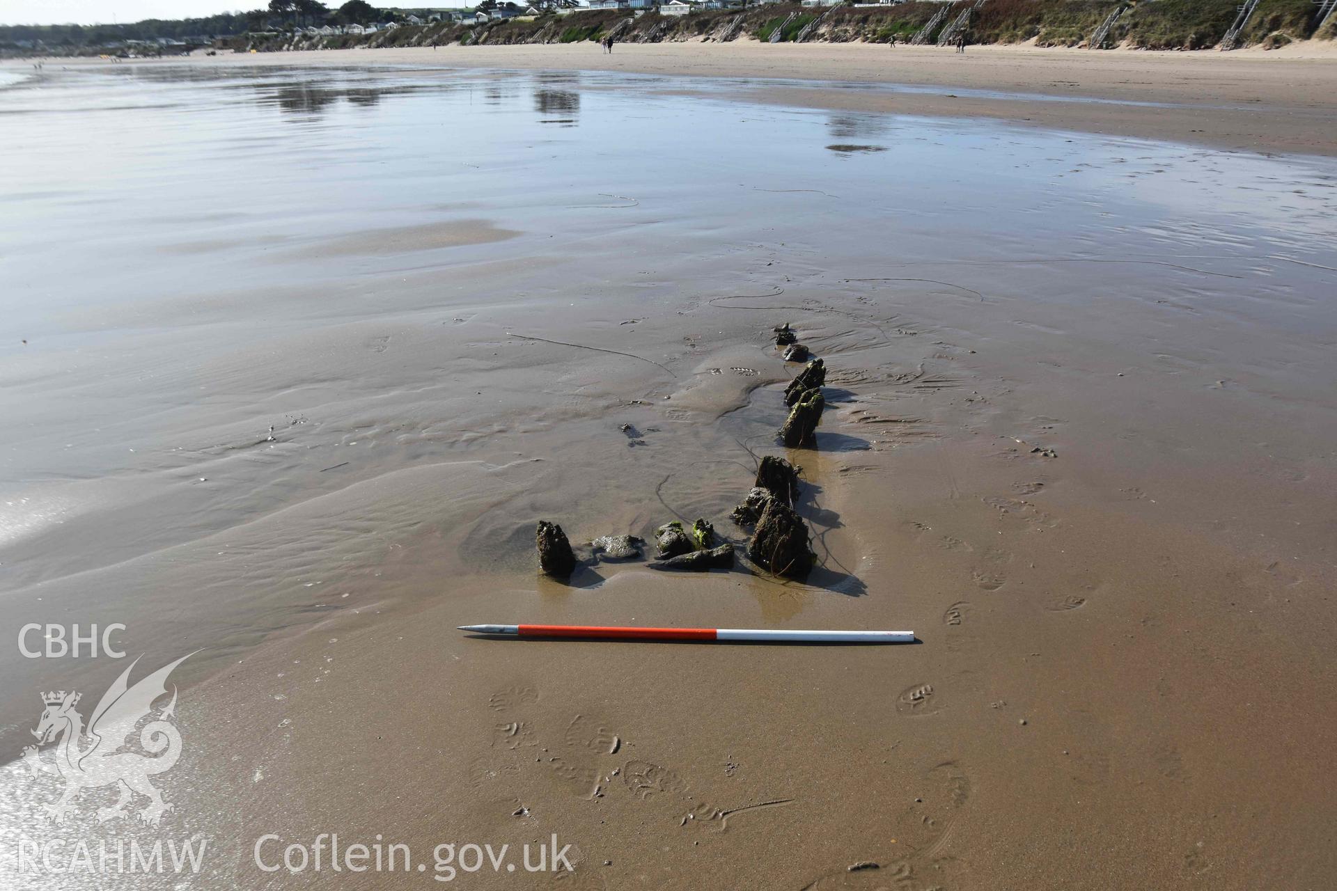 Unnamed Wreck (Fosil?) on The Warren Beach, Abersoch. Detail of exposed framing at bow. Photographed by Louise Barker on 15 September 2020. Crown Copyright. CHERISH project. Produced with EU funds through the Ireland Wales Co-operation Programme 2014-2023. All material made freely available through the Open Government Licence.